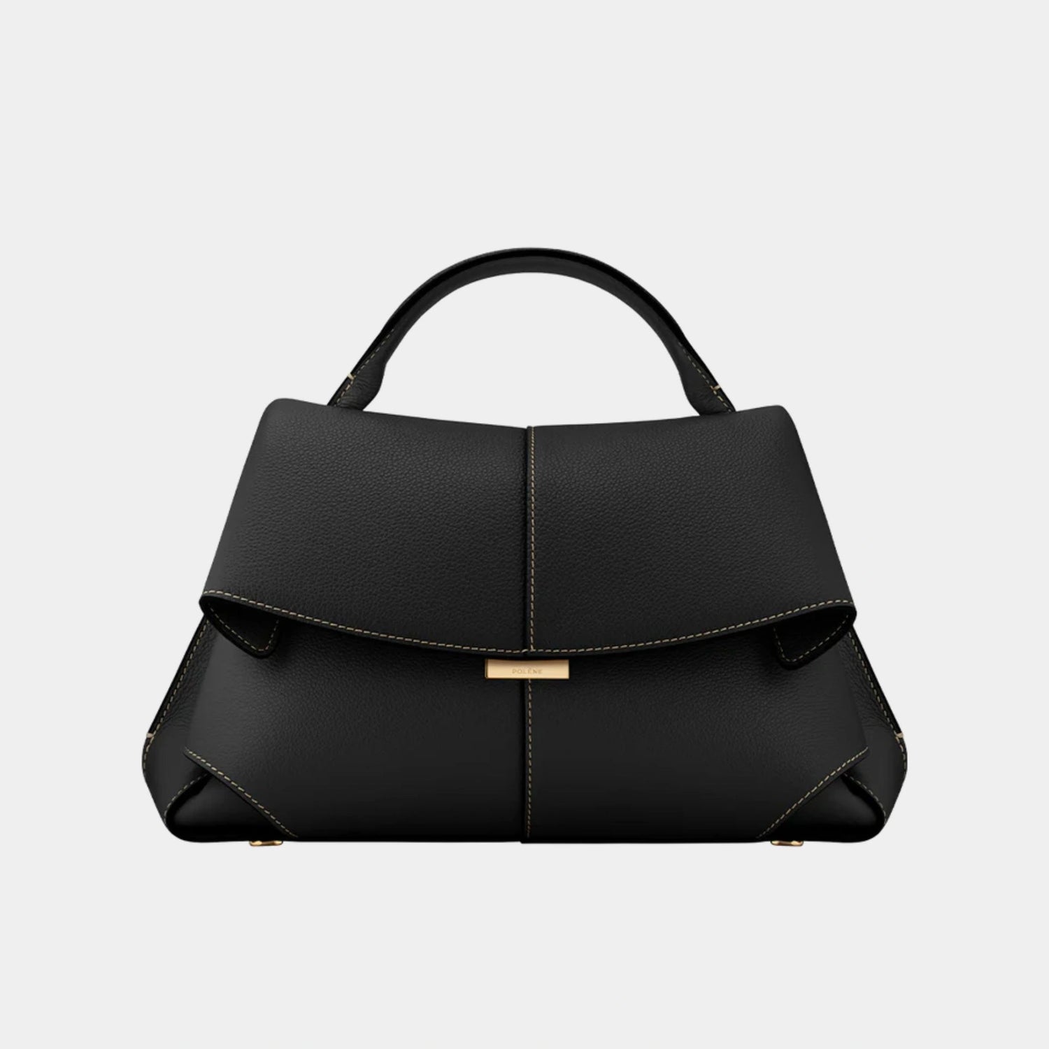Polene Mokki Handbag in Grained Leather, Noir Couture, Front