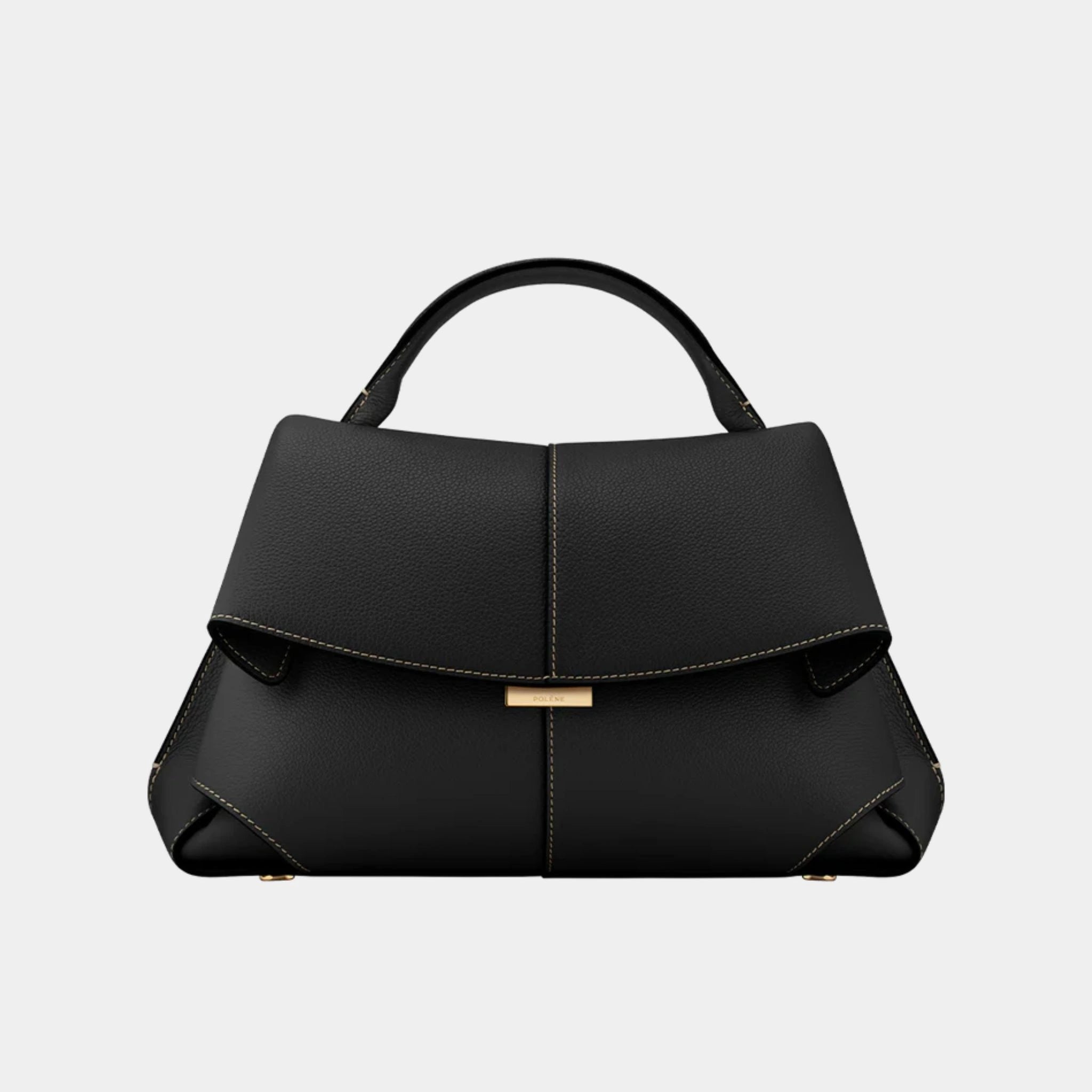 Polene Mokki Handbag in Grained Leather, Noir Couture, Front