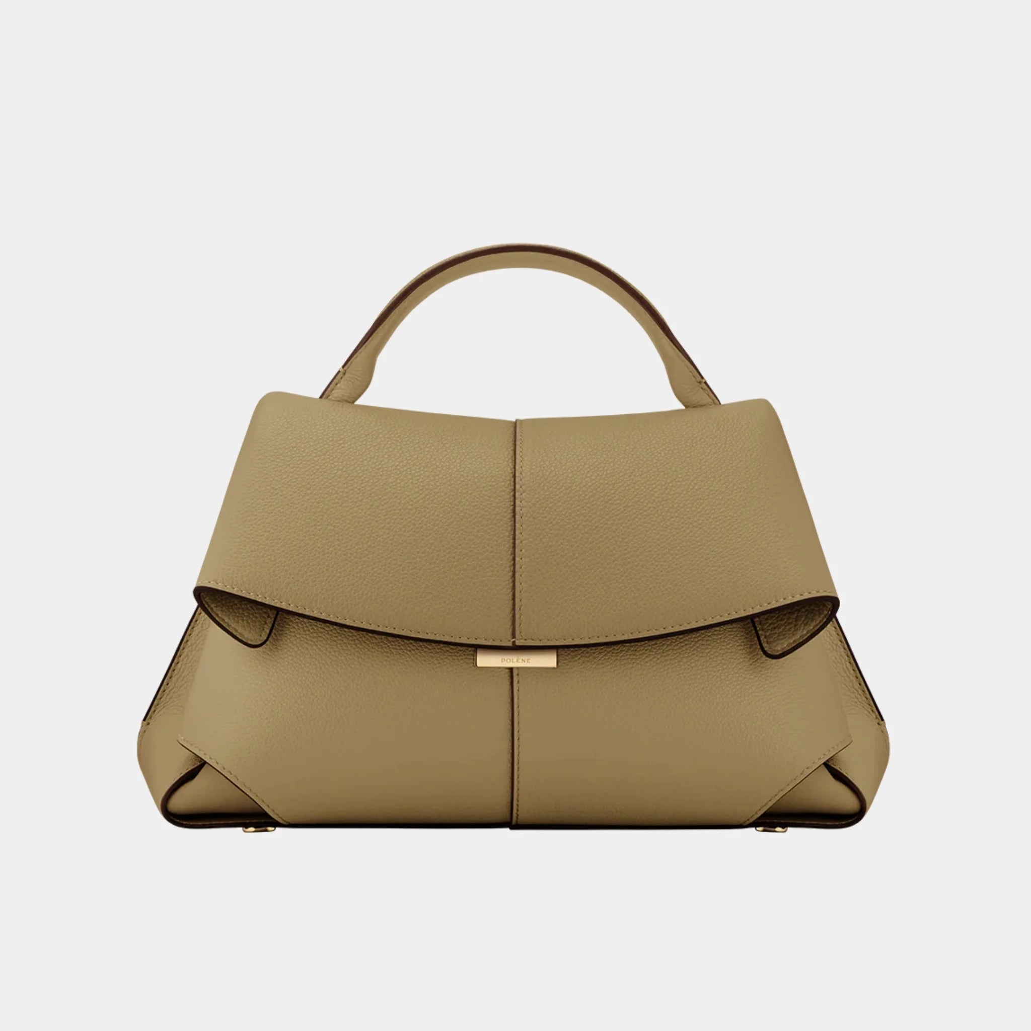 Polene Mokki Handbag in Grained Leather, Smoky Olive