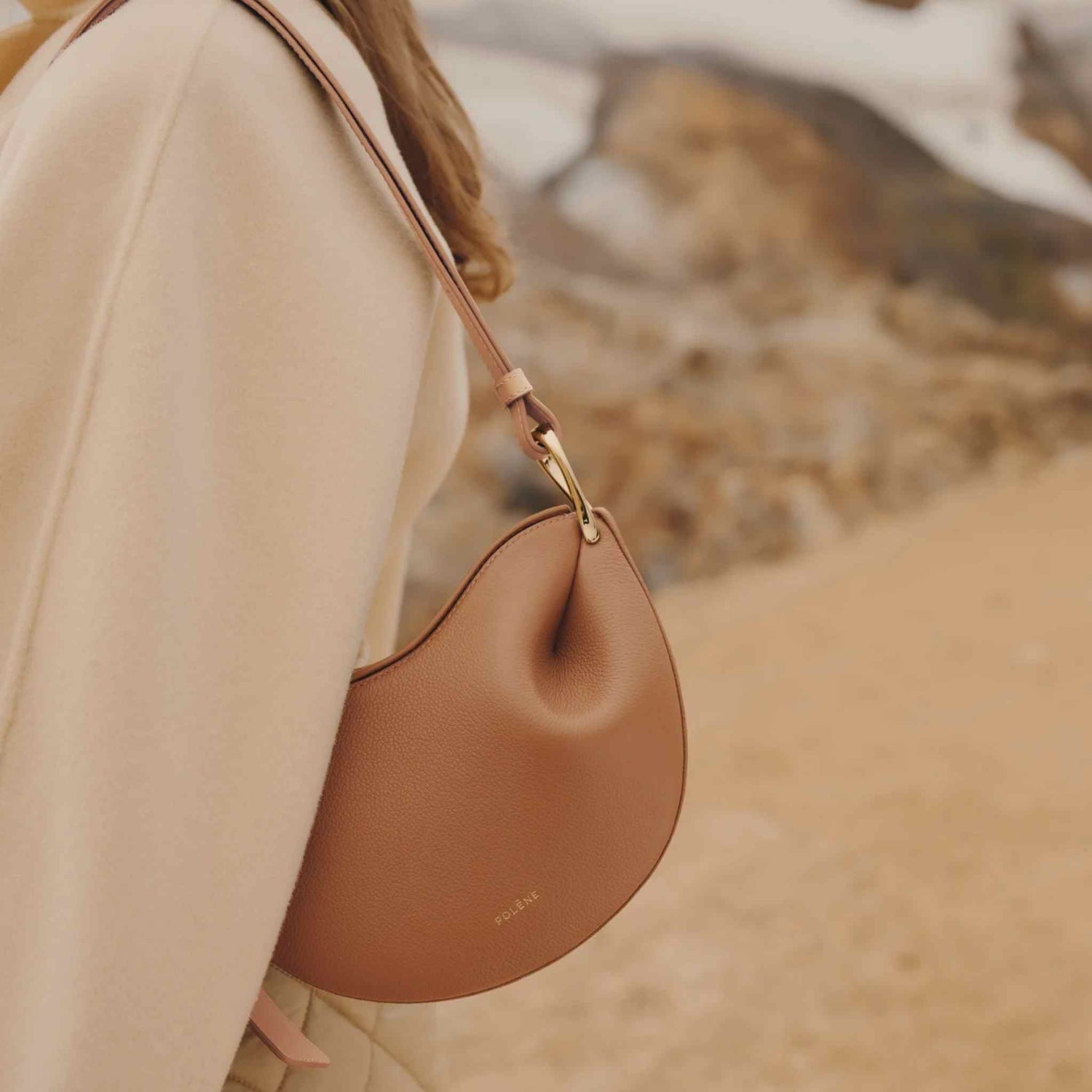 Polene Tonca duo camel Handbag, Model, Closeup