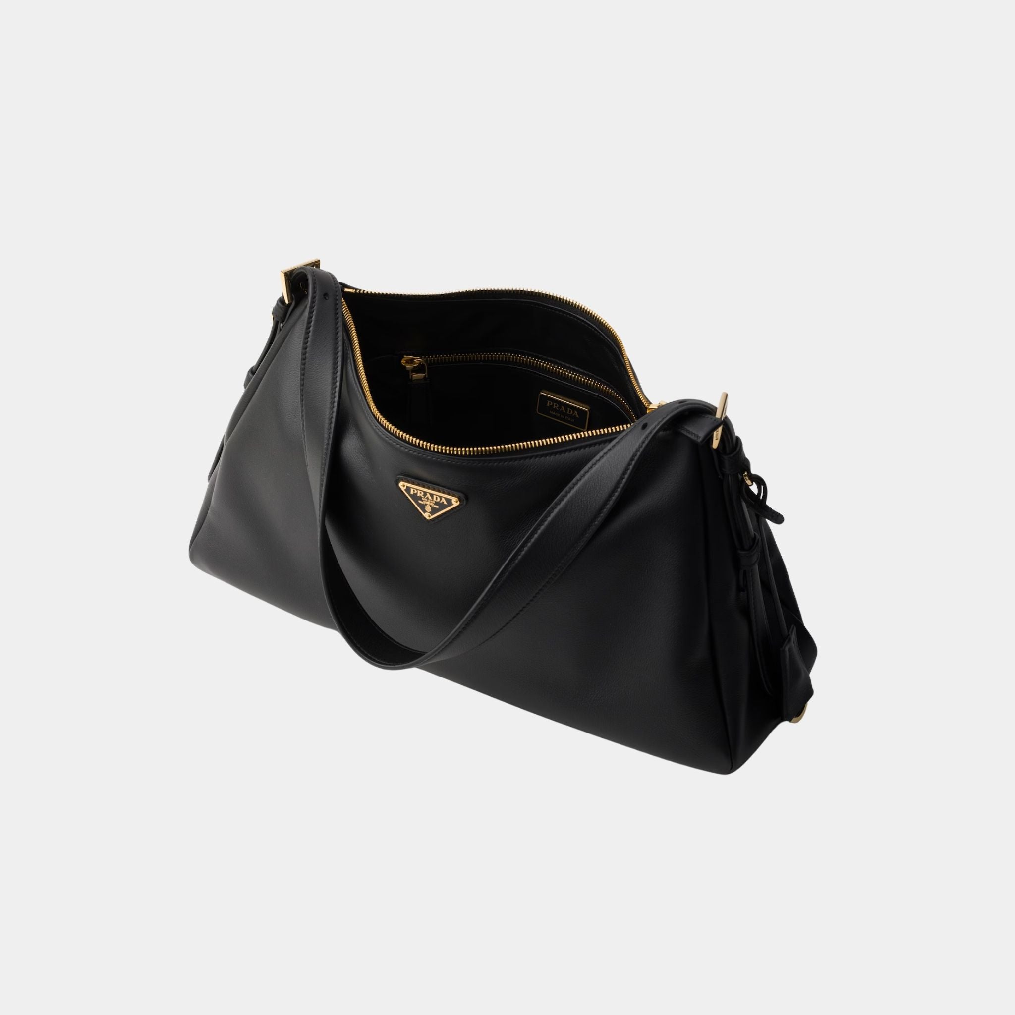 Prada Aimee Large Leather Shoulder Bag, Black, Open