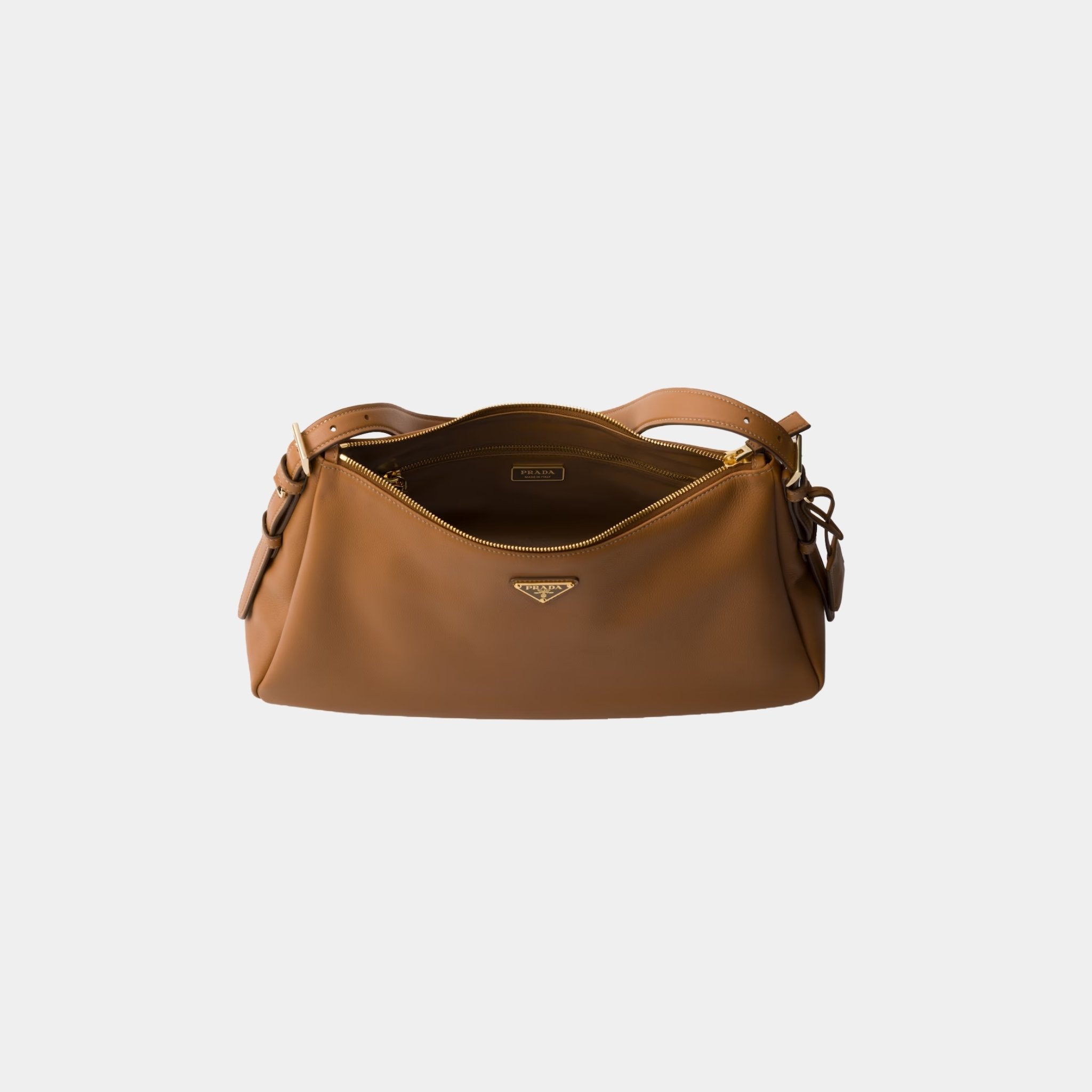 Prada Aimee Large Leather Shoulder Bag, Caramel, Open