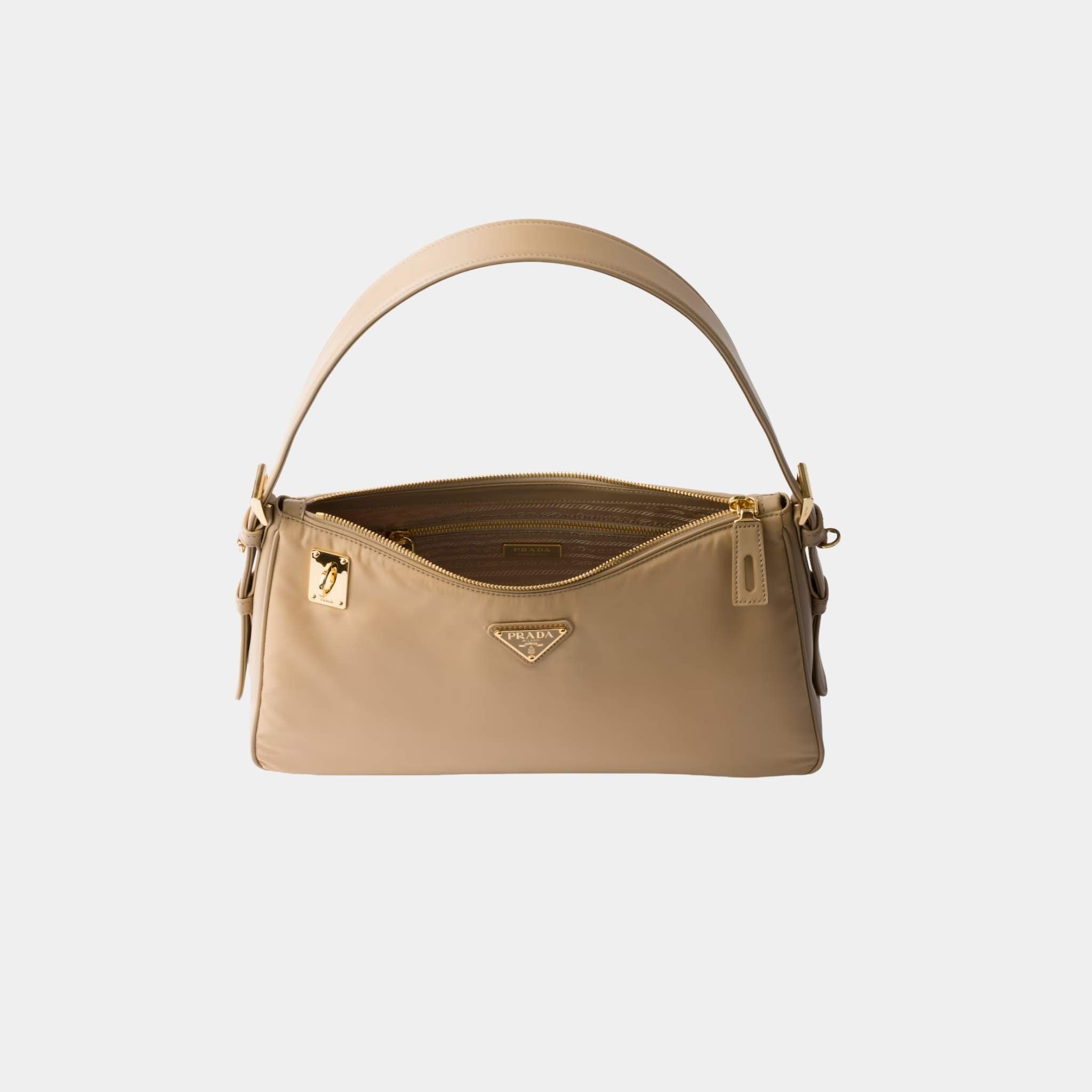 Prada Aimee Large Re-Nylon And Leather Shoulder Bag With Padlock, Camel Brown, Open