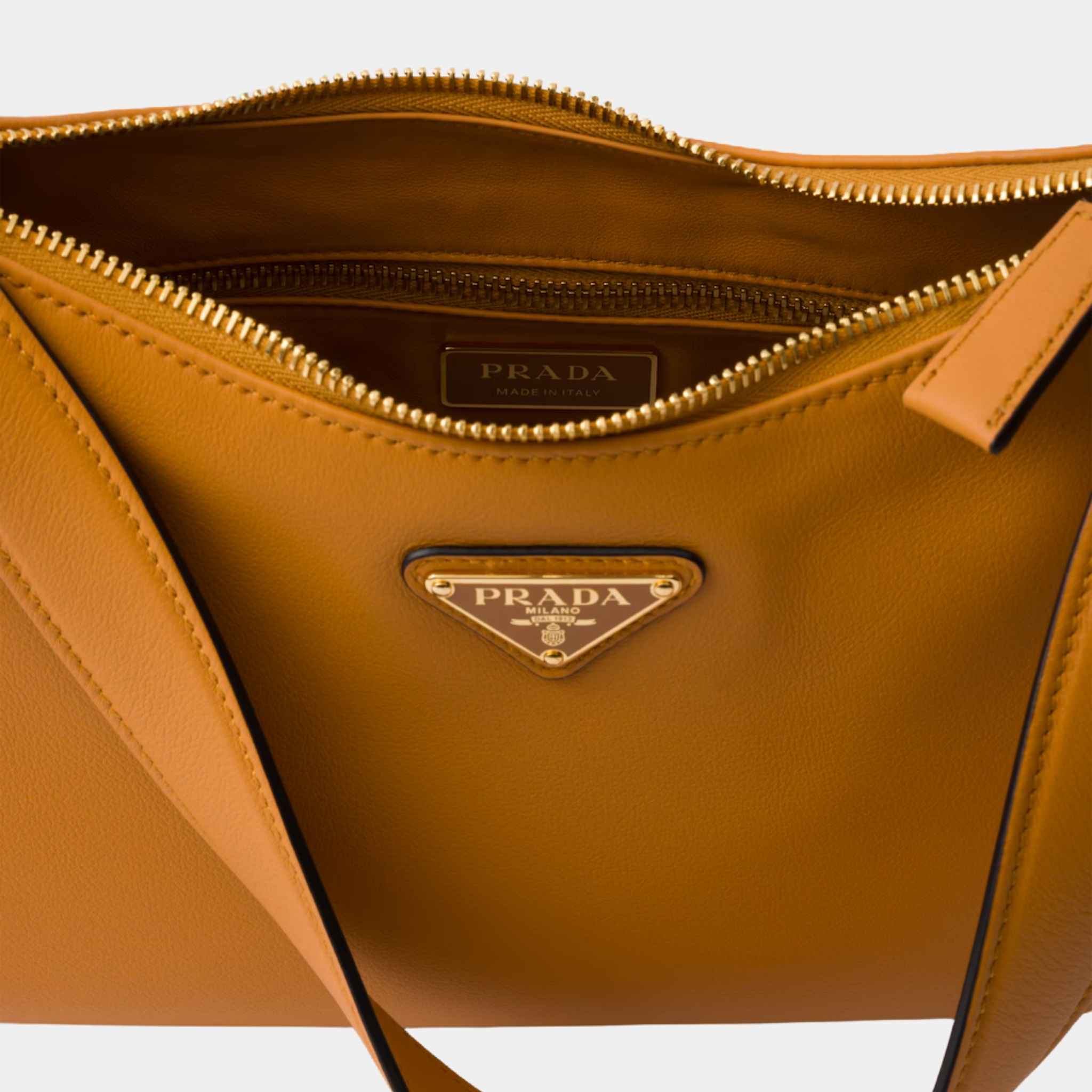 Prada Aimee Medium Leather Shoulder Bag, Amber, Open