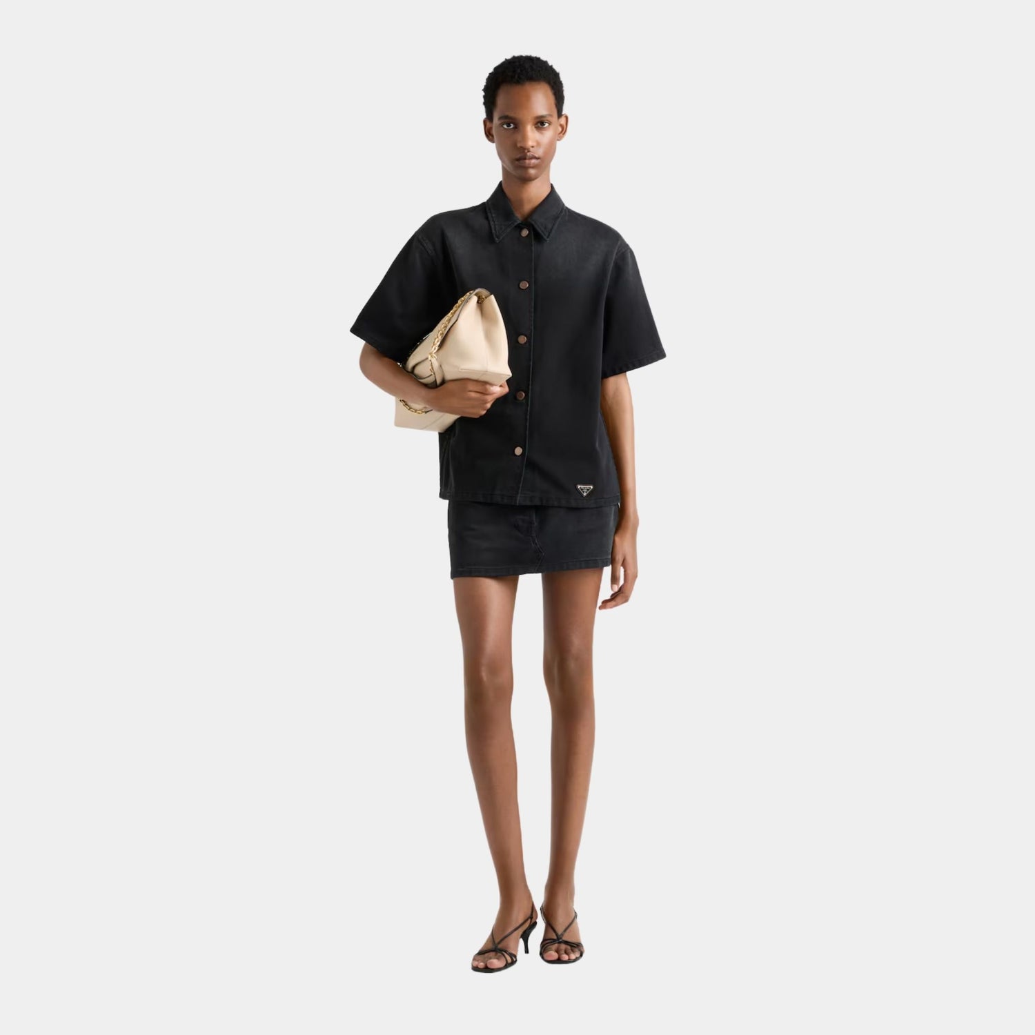 Prada Black Denim Boxy Short-sleeved Shirt, Model, Front