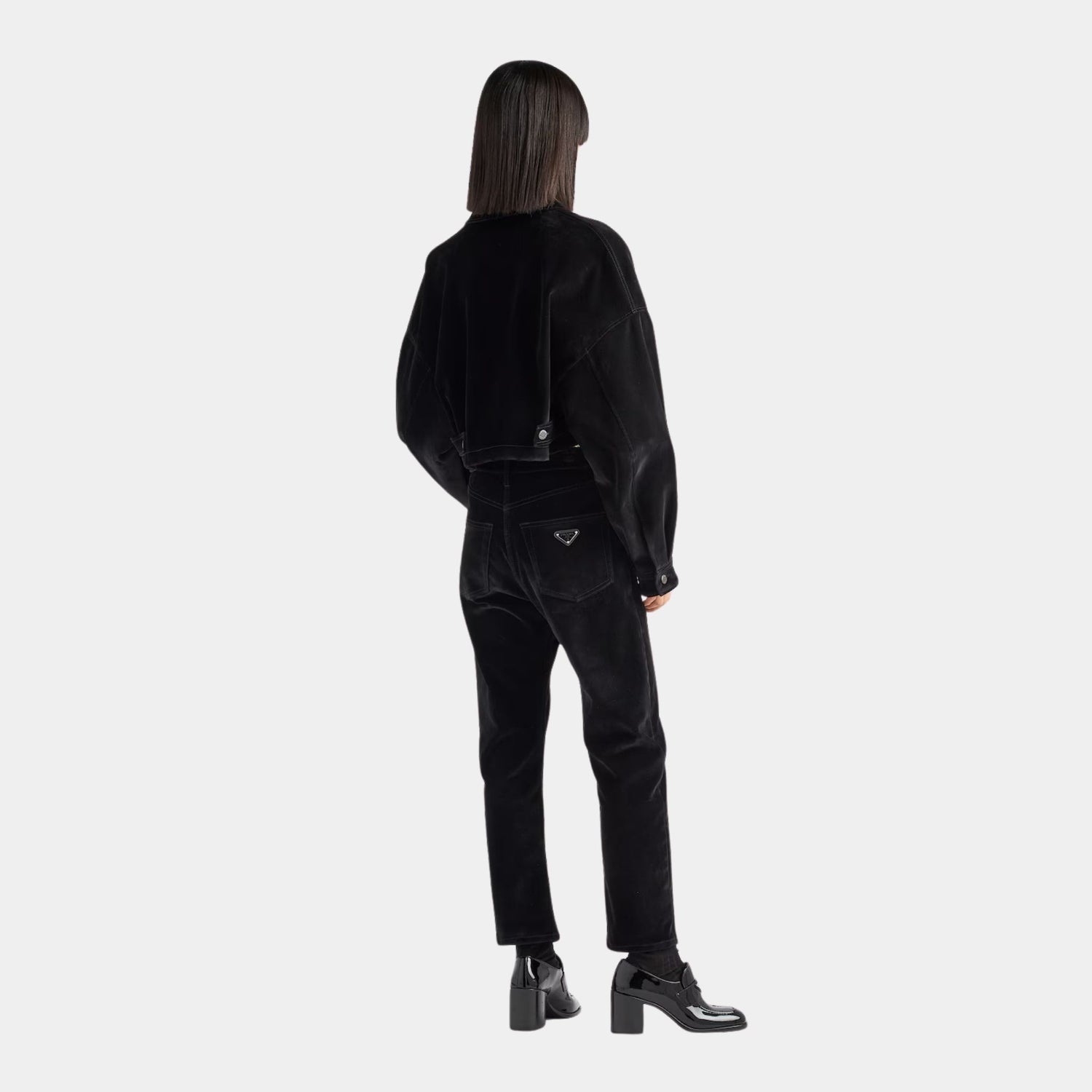 Prada Black Velvet Boxy Denim Blouson Jacket, Model, Back