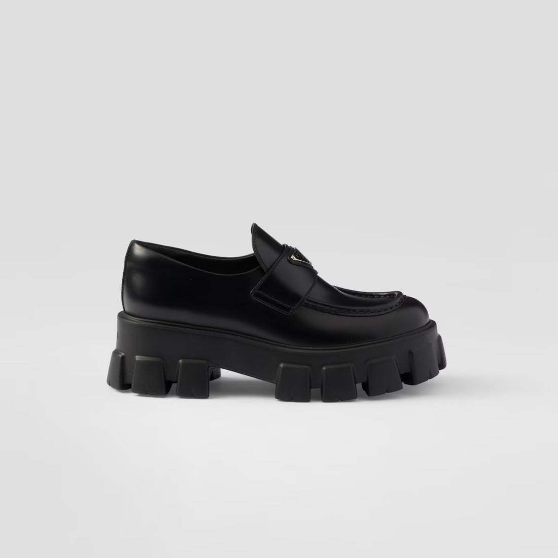 Prada Brushed Leather Monolith Loafers, Black, Side