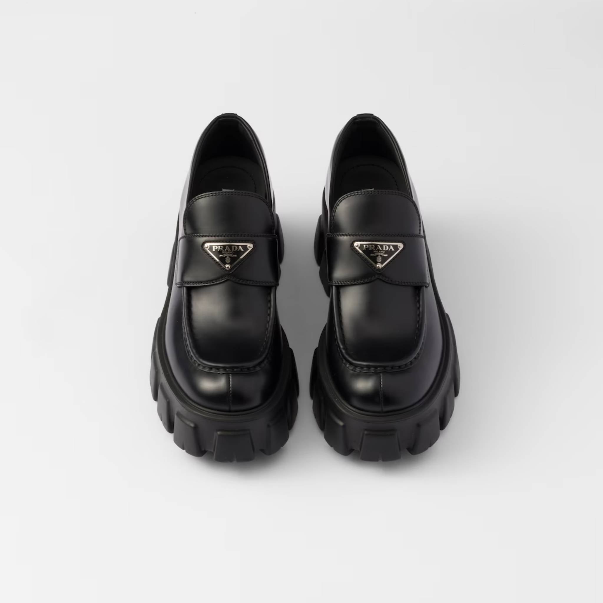 Prada Brushed Leather Monolith Loafers, Black, Top