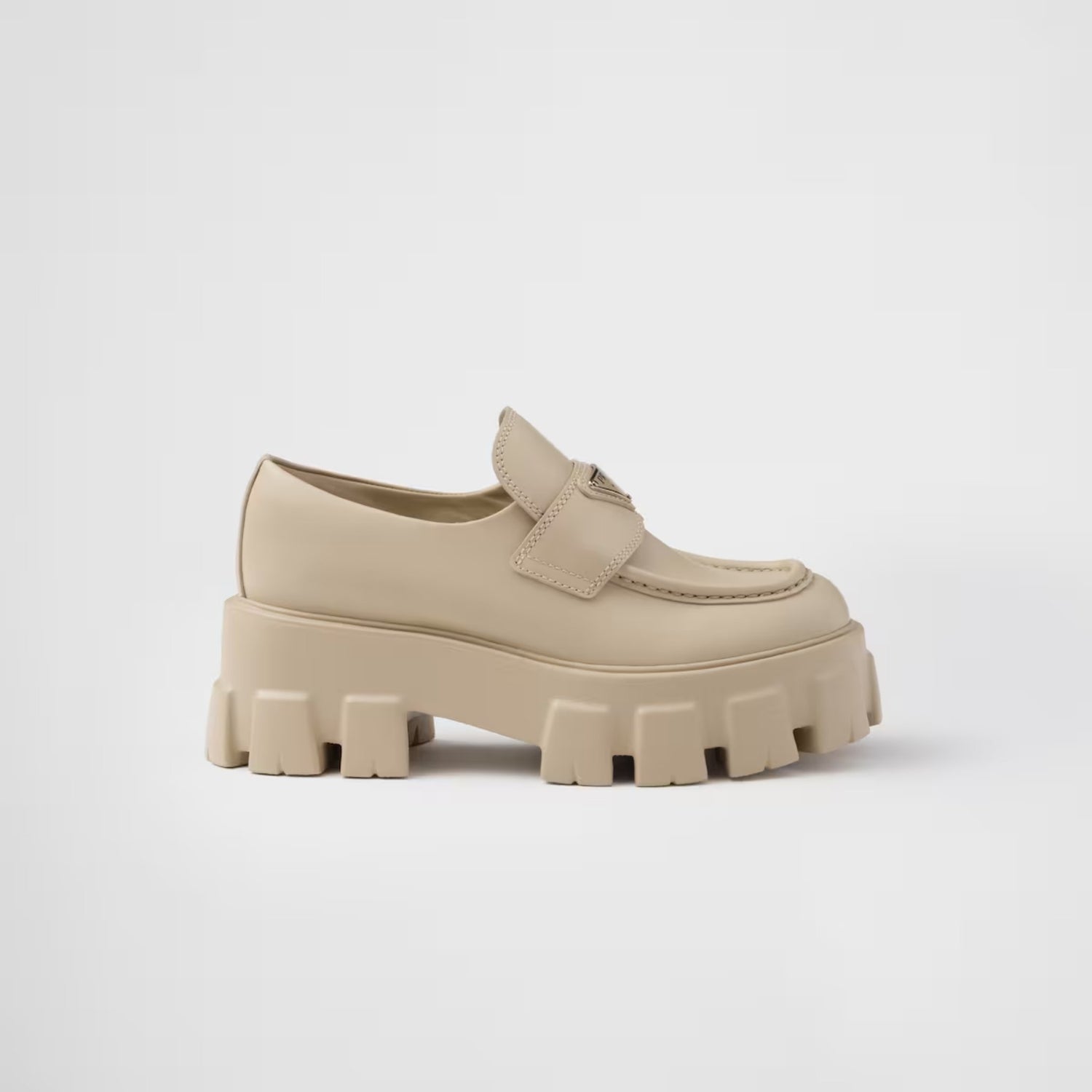 Prada Brushed Leather Monolith Loafers, Desert Beige, Side