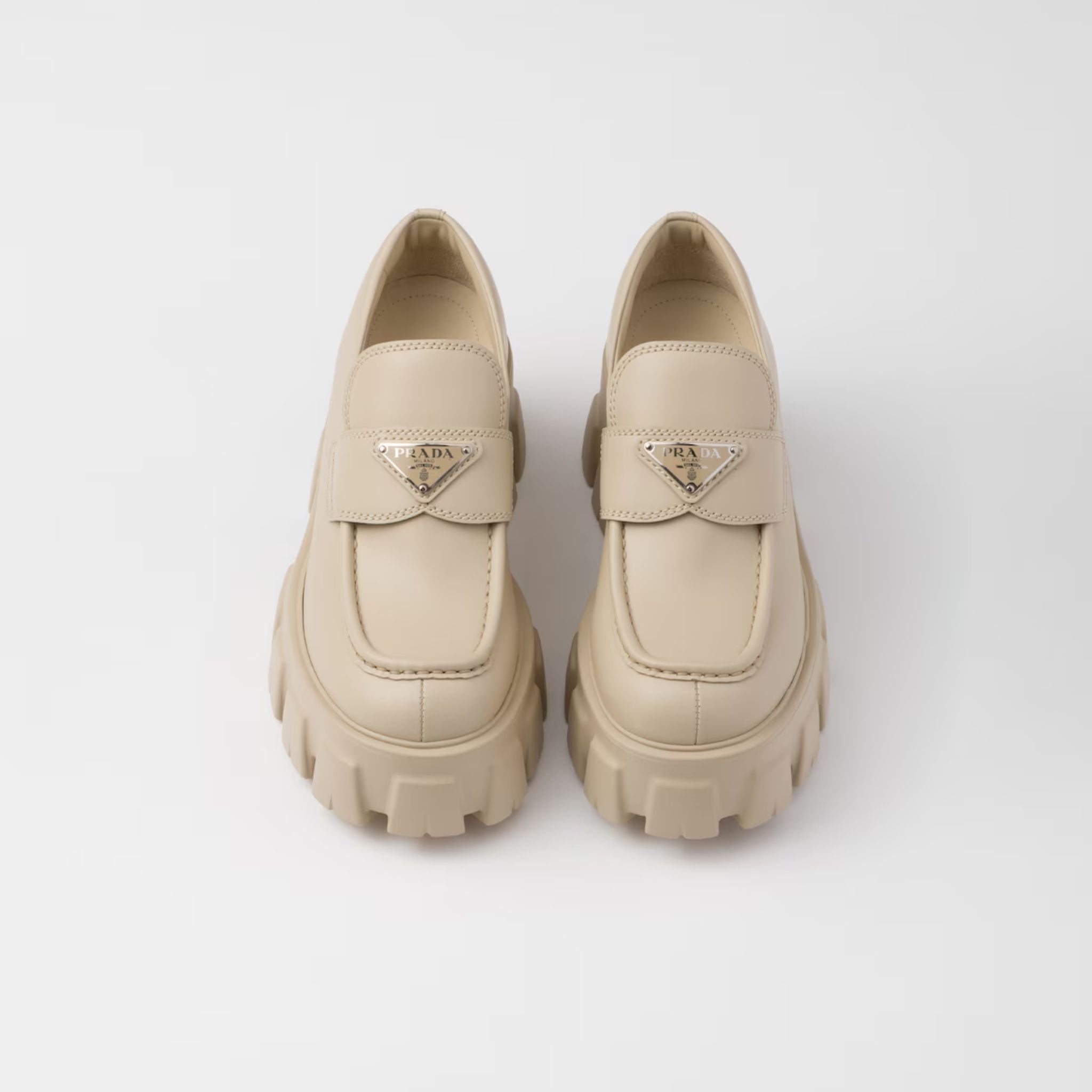 Prada Brushed Leather Monolith Loafers, Desert Beige, Top