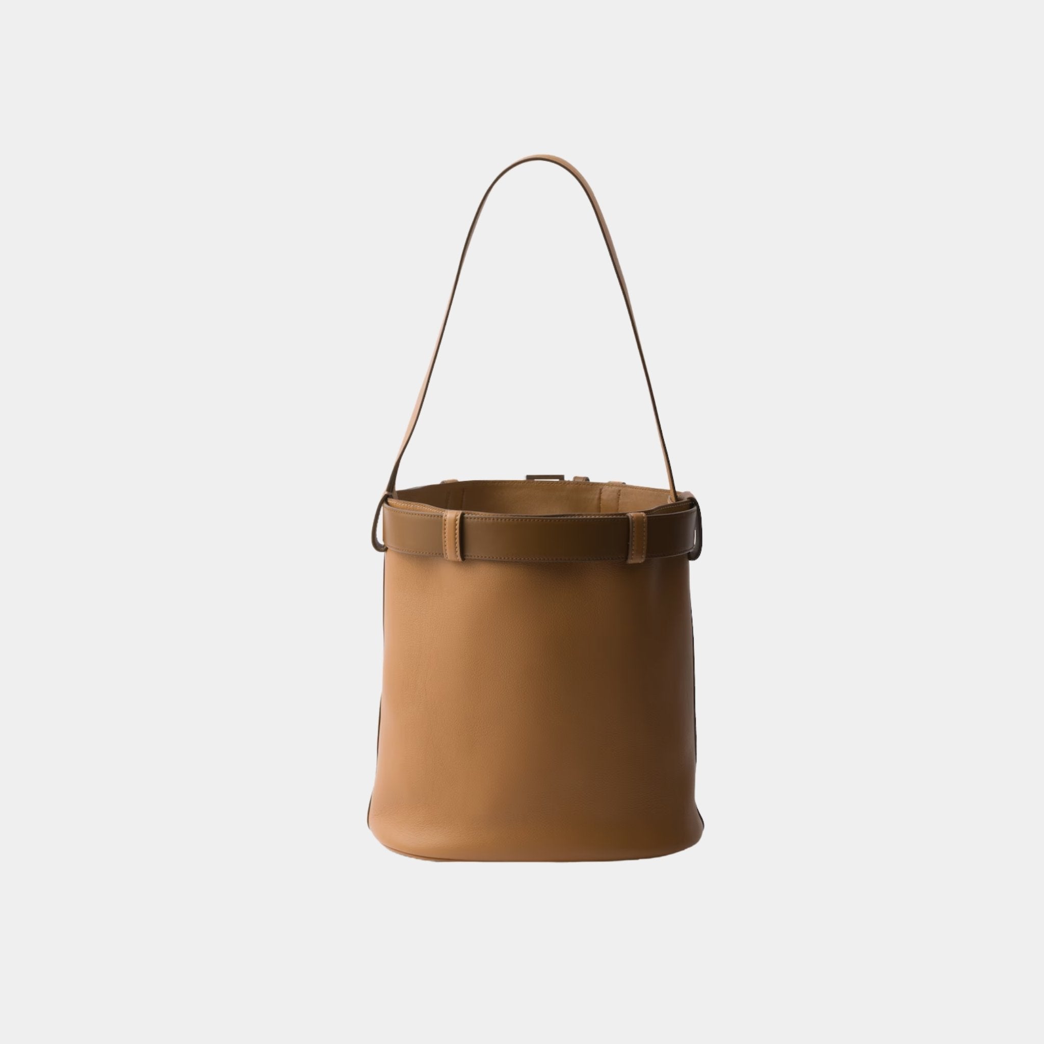 Prada Buckle Leather Bucket Bag With Belt, Caramel, Back