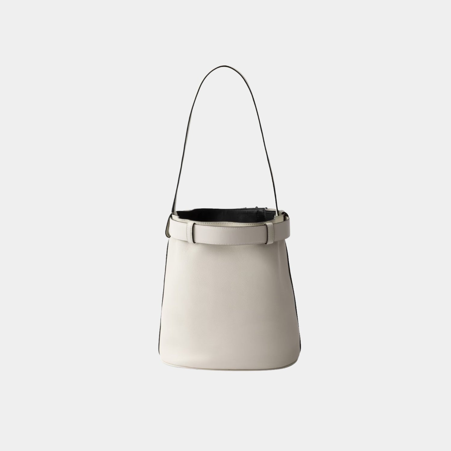 Prada Buckle Leather Bucket Bag With Belt, White, Black, Back