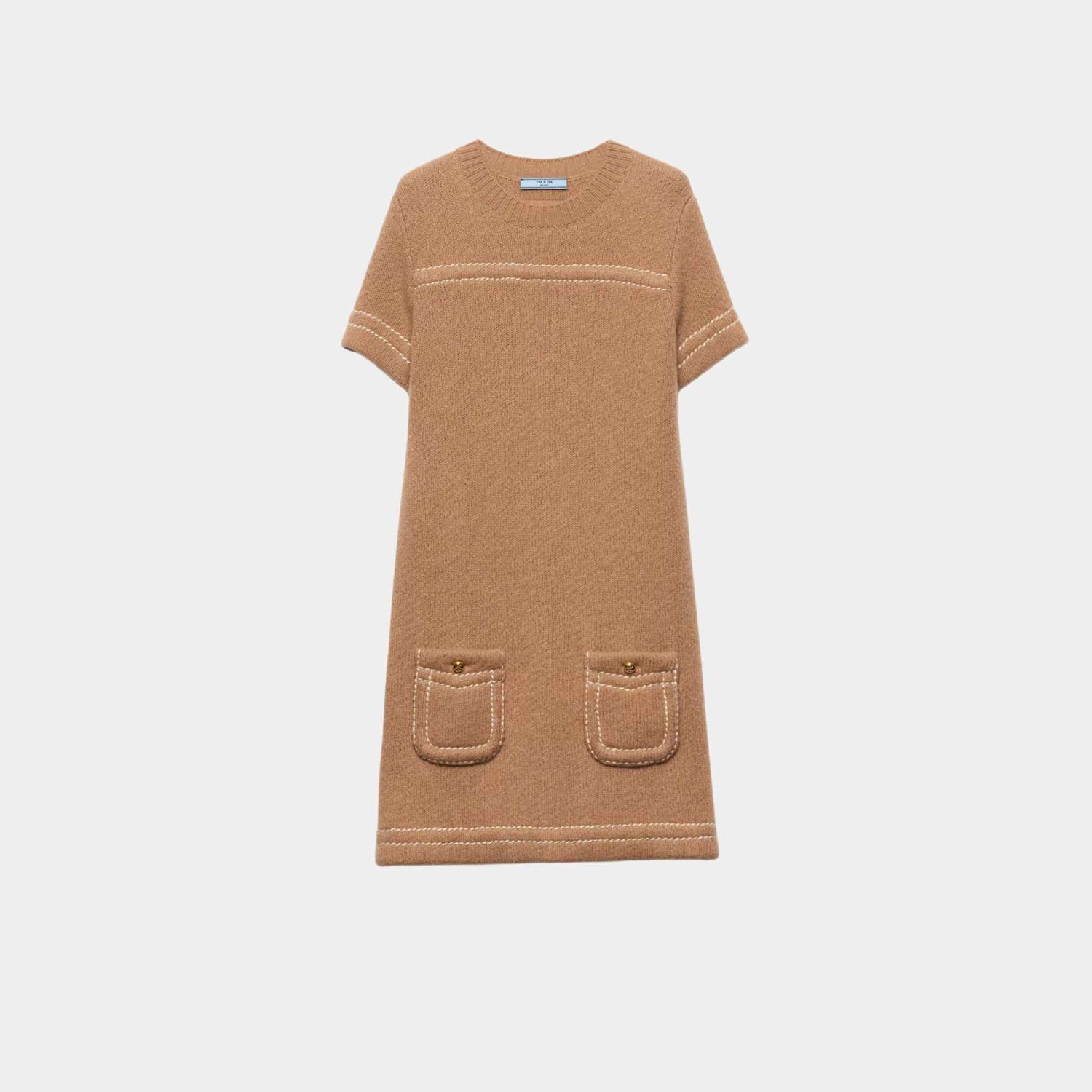 Prada Camel Brown Cashmere Short Sleeved Mini-Dress, Front