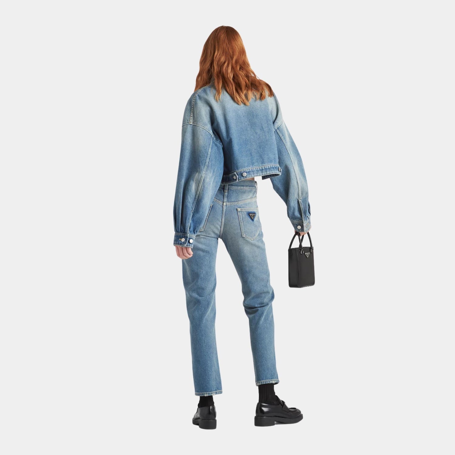 Prada Cropped Organic Denim Jacket, Model, Back