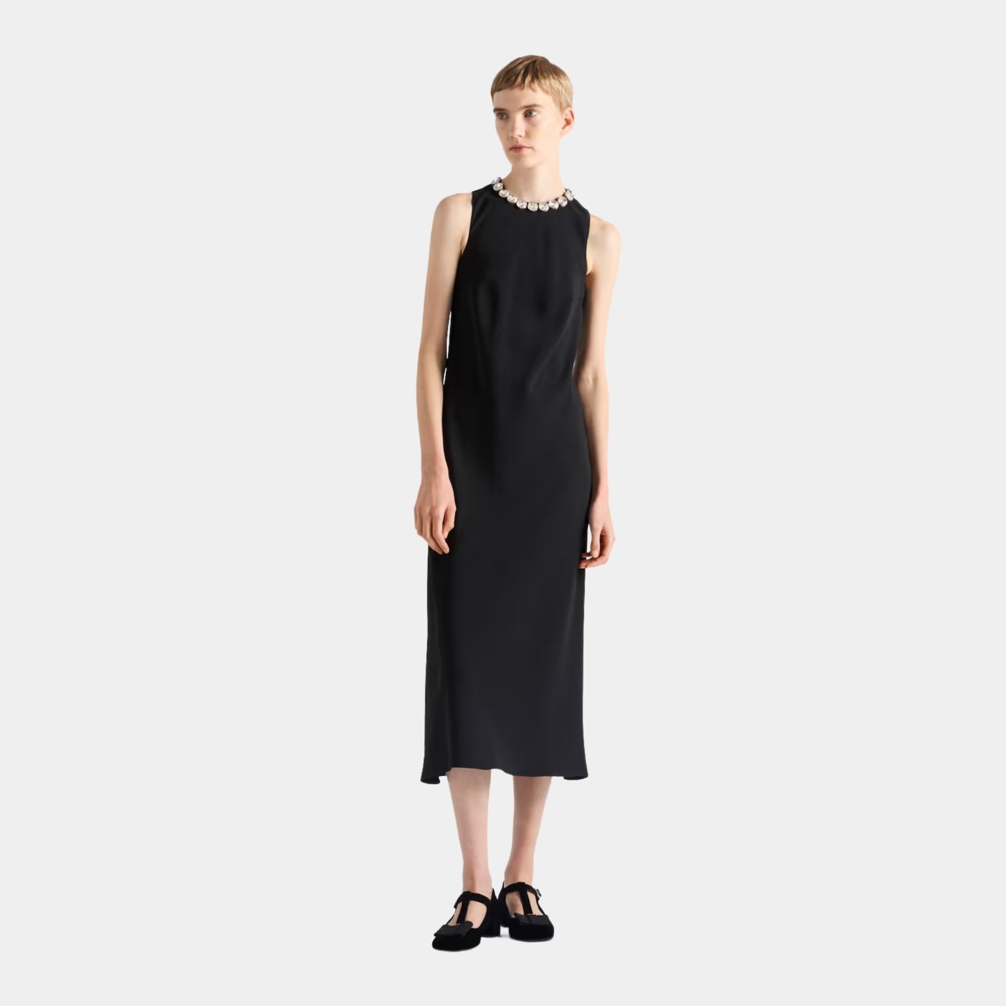 Prada Embroidered Sablé Sheath Dress, Model, Front