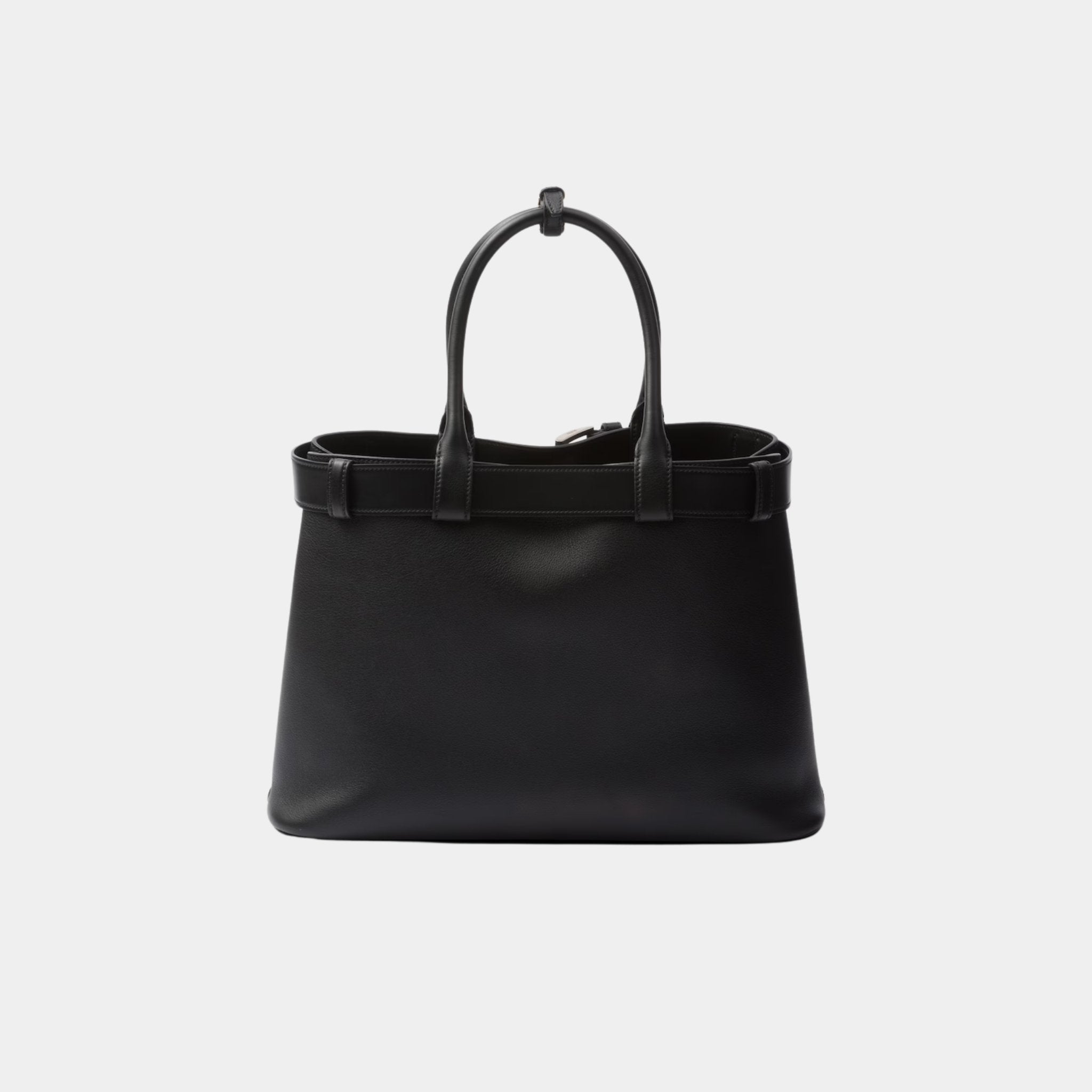 Prada Large Buckle Leather Handbag With Belt, Black, Back