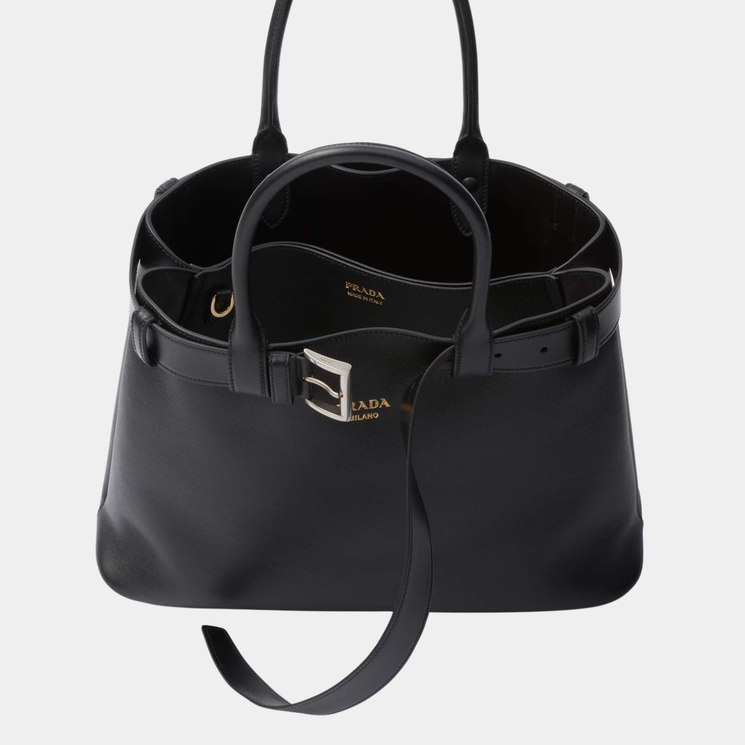 Prada Large Buckle Leather Handbag With Belt, Black, Top