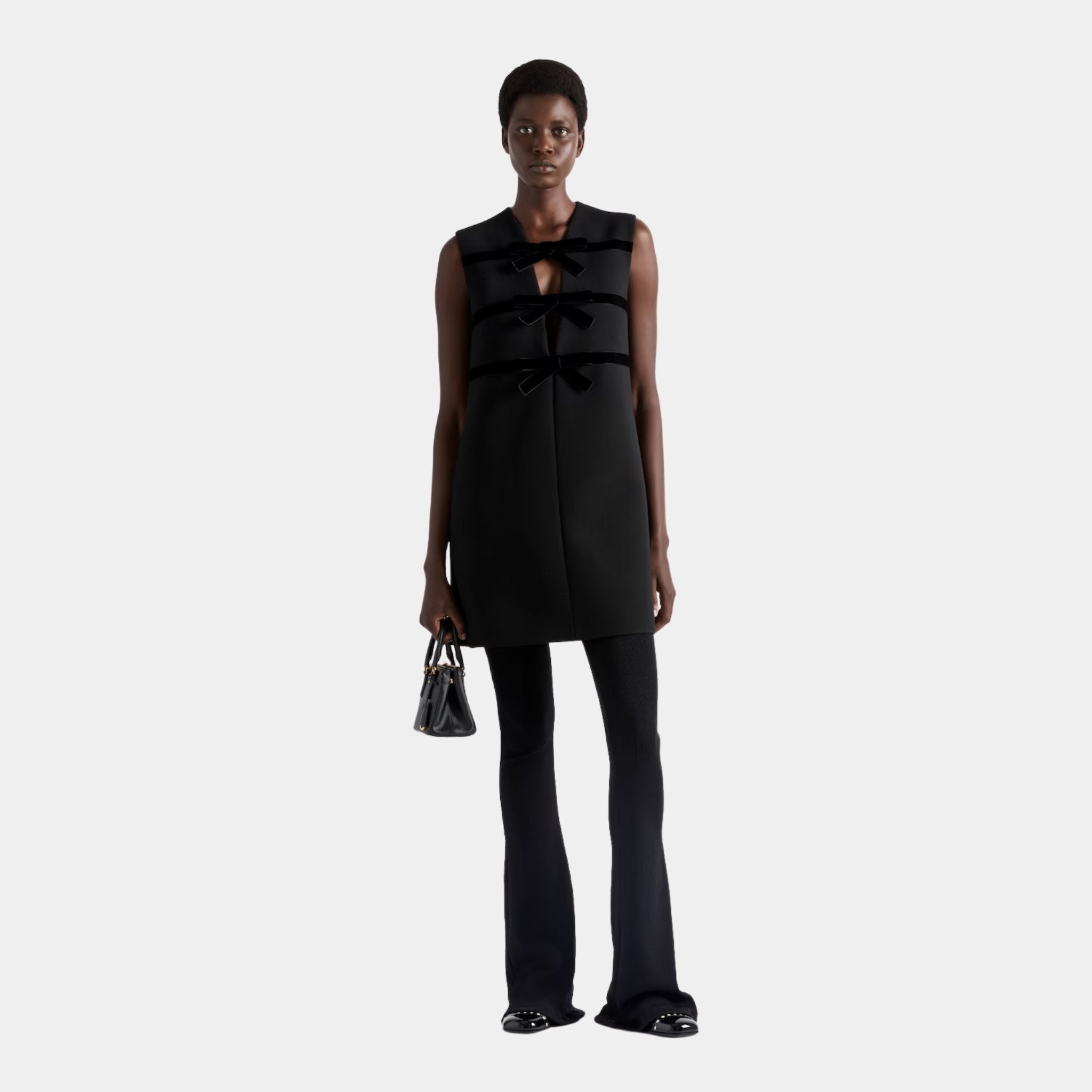 Prada Natté Flared Mini Dress with Velvet Bows, Model, Front