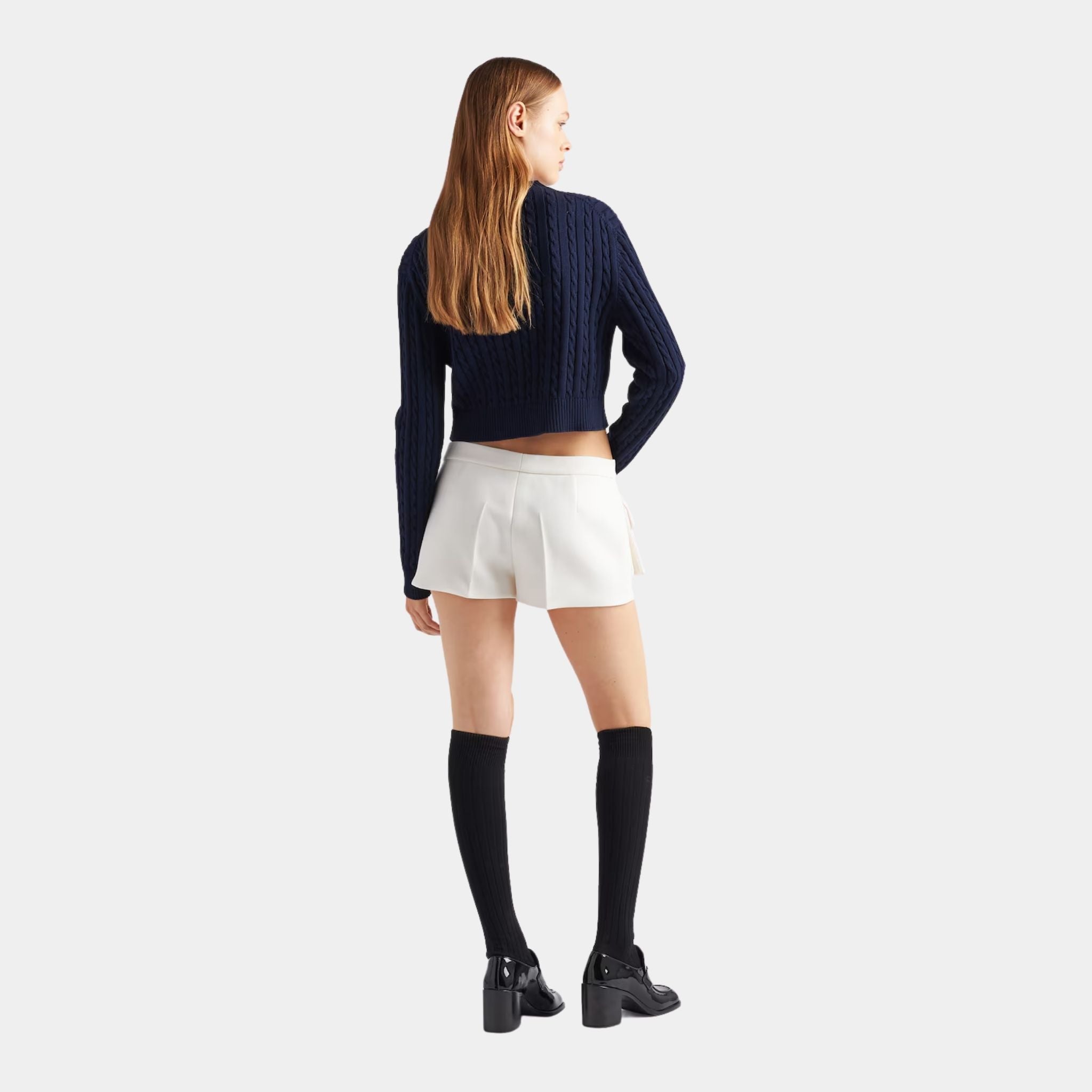 Prada Navy Cotton Ribbed Knit Crew Neck Sweater, Model, Back