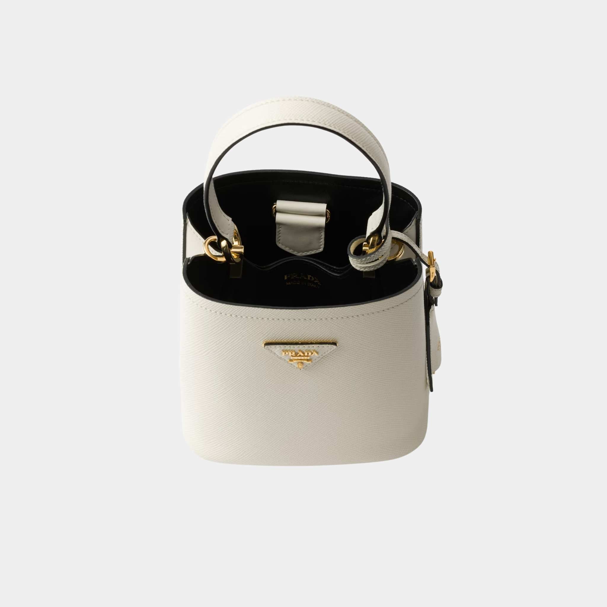 Prada Panier Saffiano Leather Mini Bag, White, Black, Top