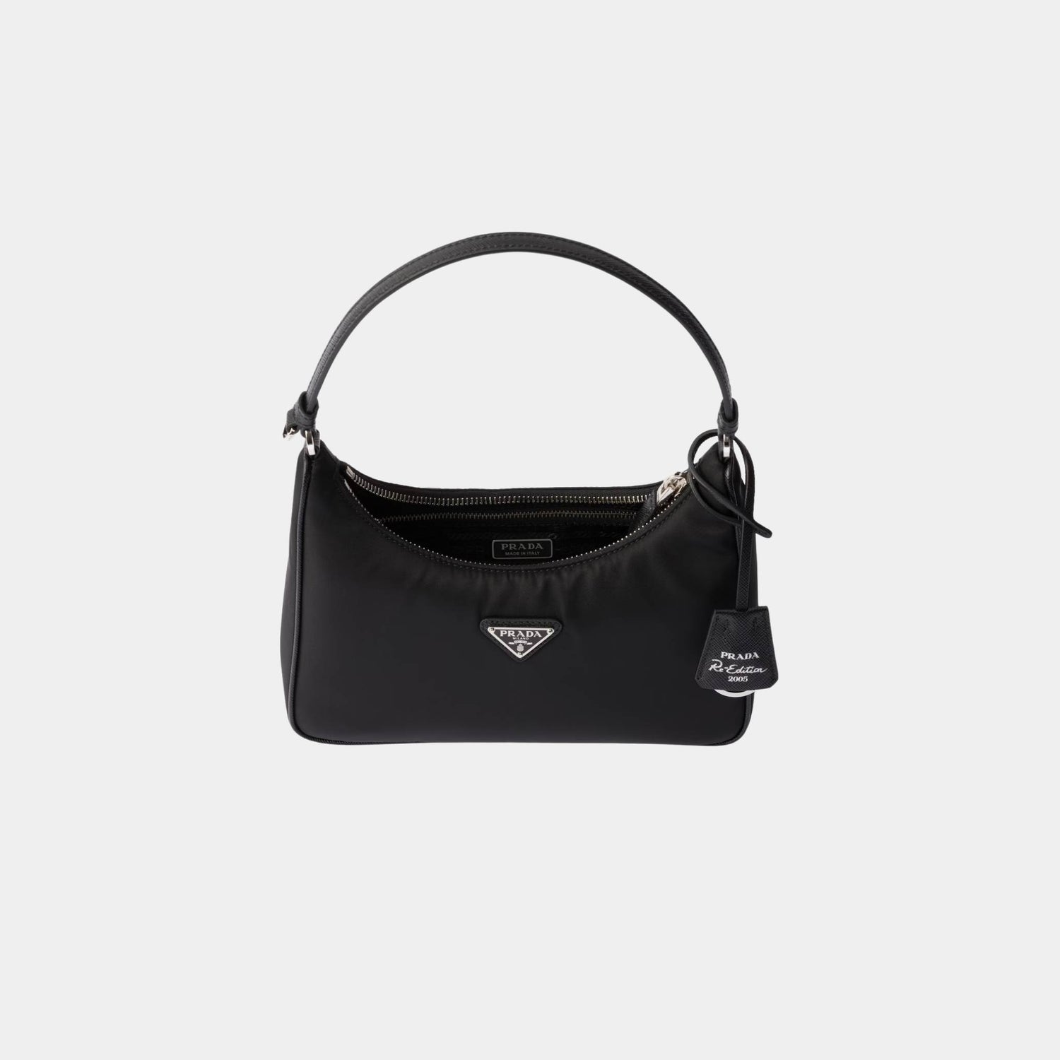 Prada Re-Edition 2005 Re-Nylon and Saffiano Mini Bag With Extra Ring, Black, Silver, Open