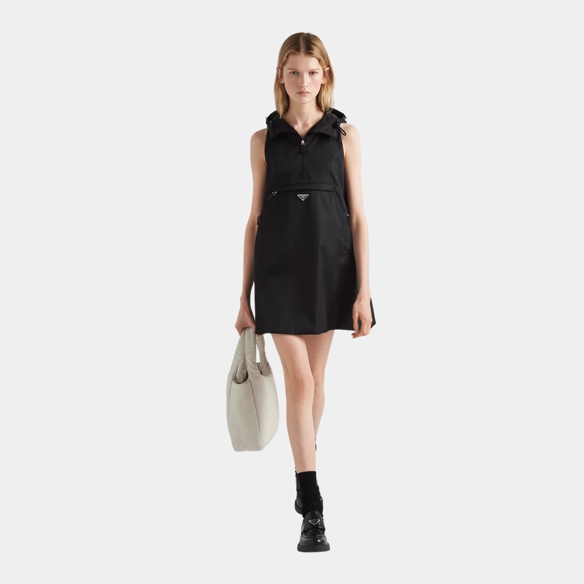 Prada Re-Nylon Black A-Line Mini-Dress, Model, Front