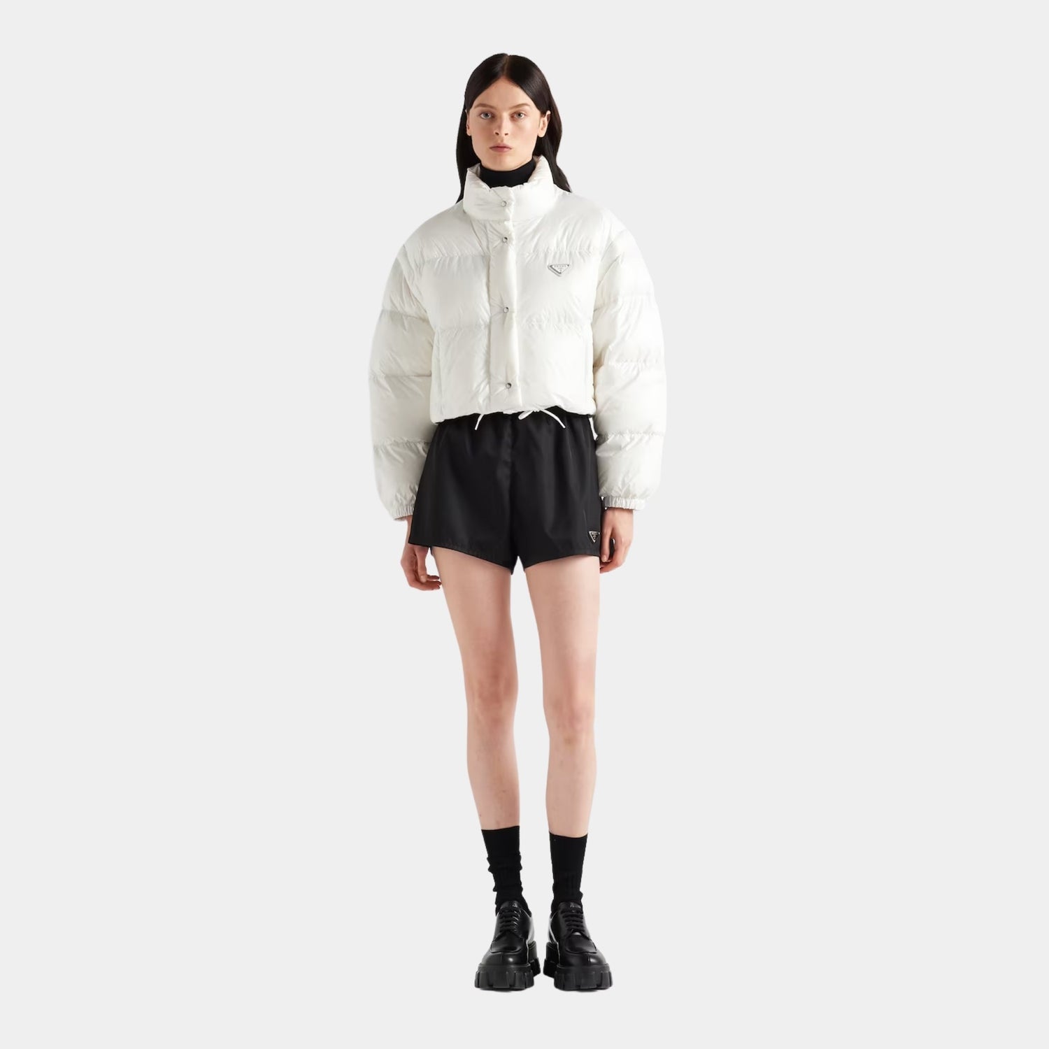 Prada Re-Nylon Cropped Convertible Down Jacket, White, Model, White