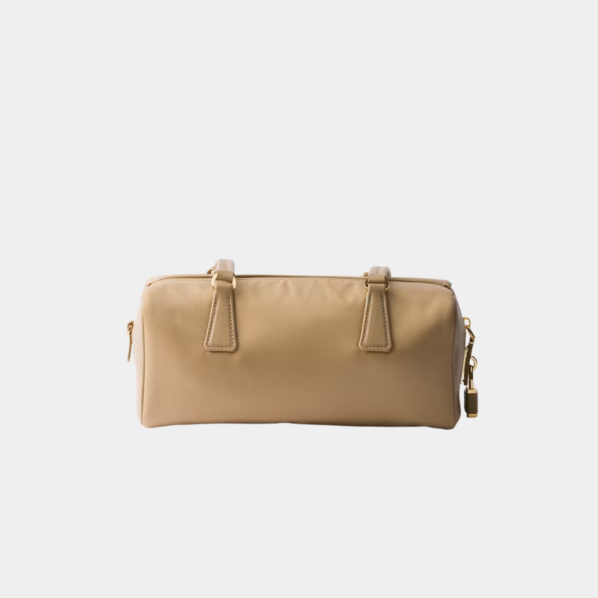 Prada Re-Nylon And Leather Medium Top Handle Bag With Padlock, Camel, Back