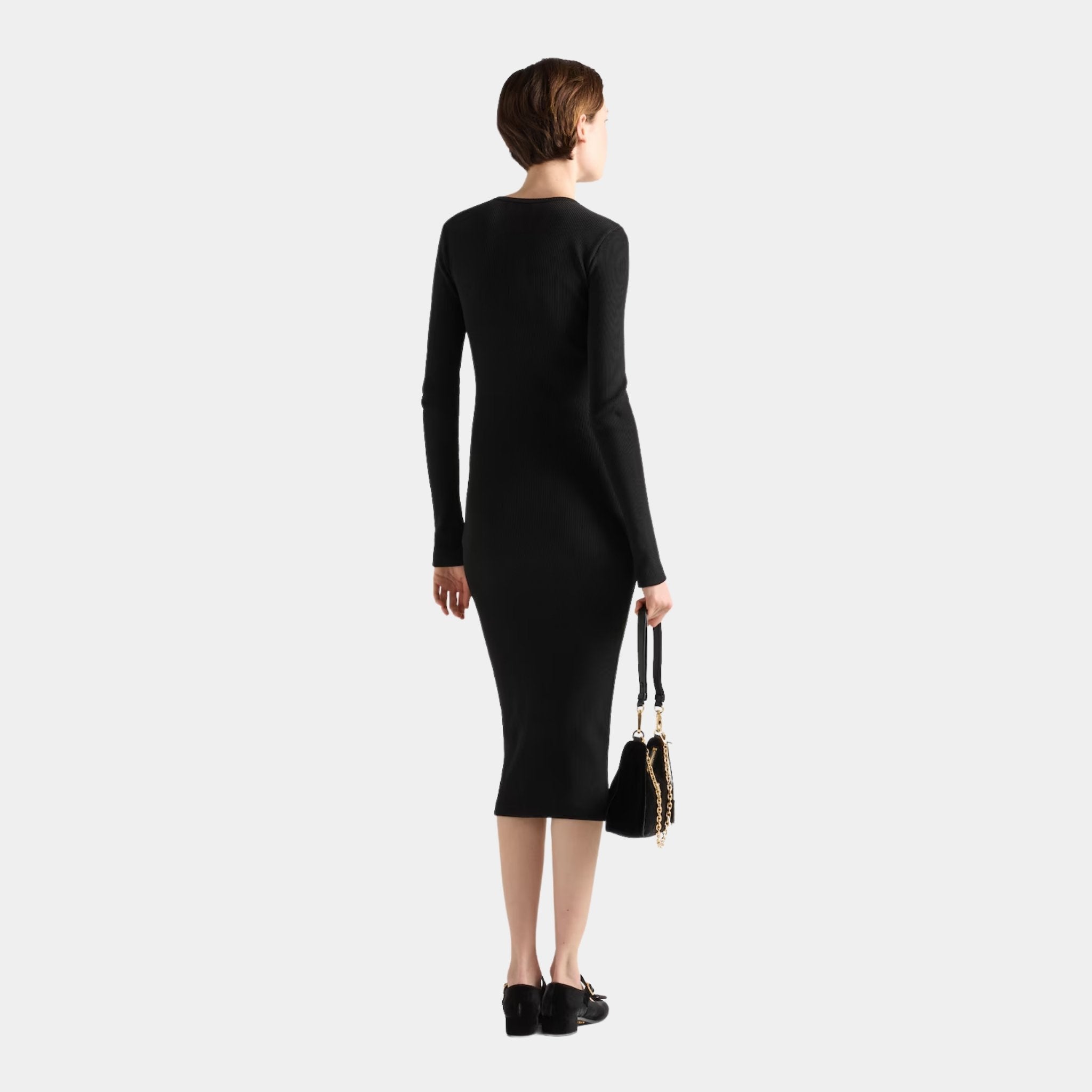 Prada Ribbed Knit Jersey Long Sleeved Dress, Model, Back