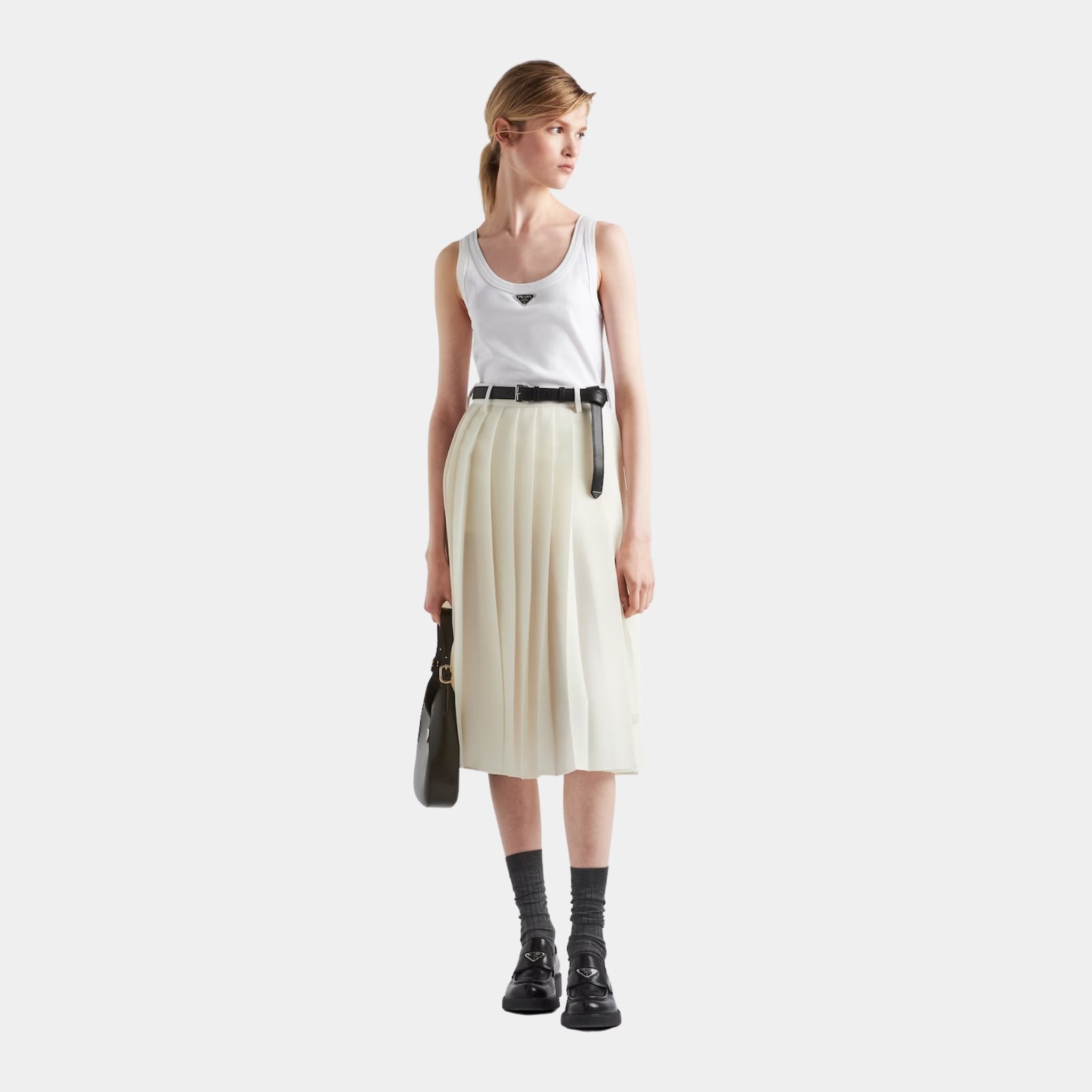 Prada Ribbed Knit Jersey Tank Top, White, Model, Front