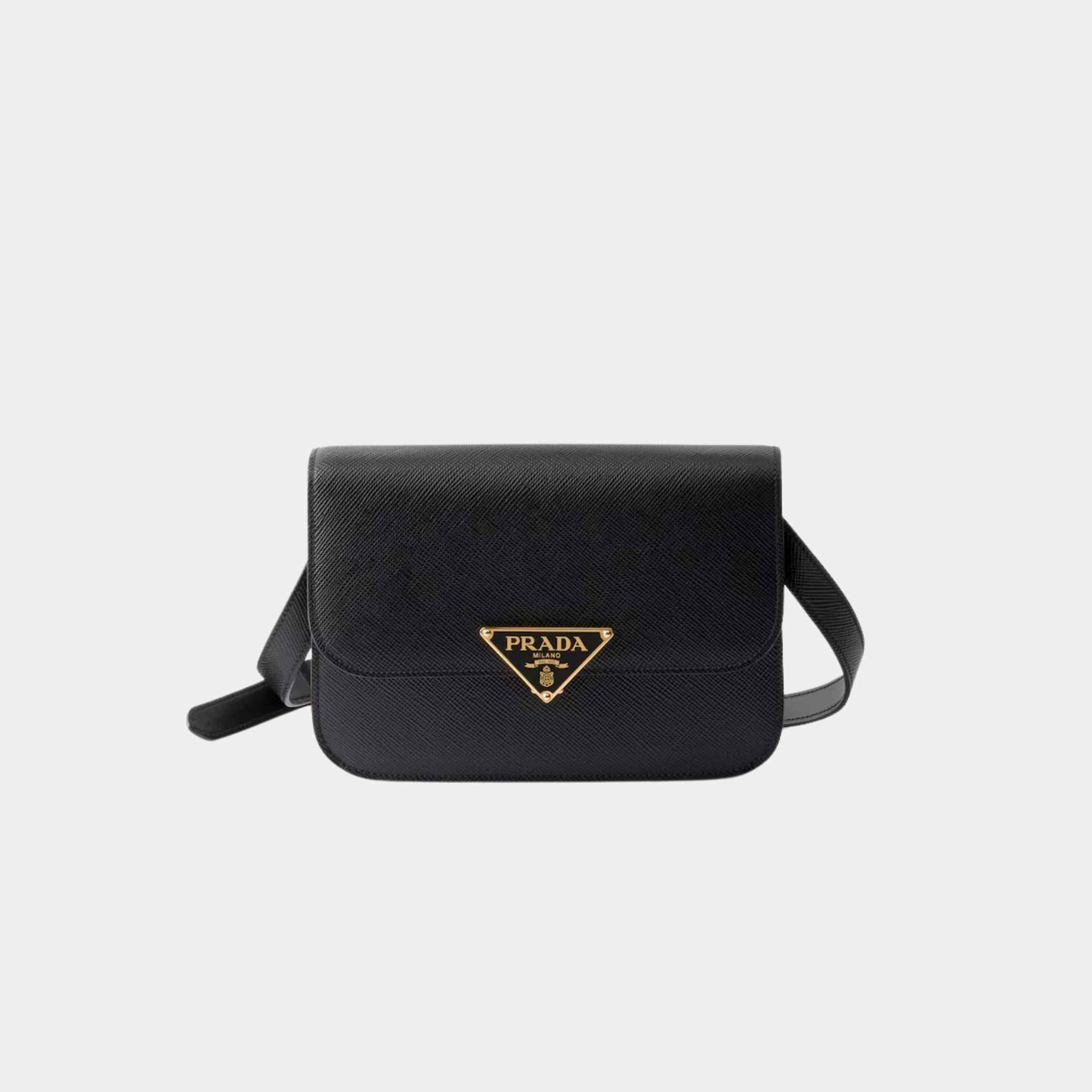 Prada Saffiano Leather Flap Shoulder Bag, Black, Front