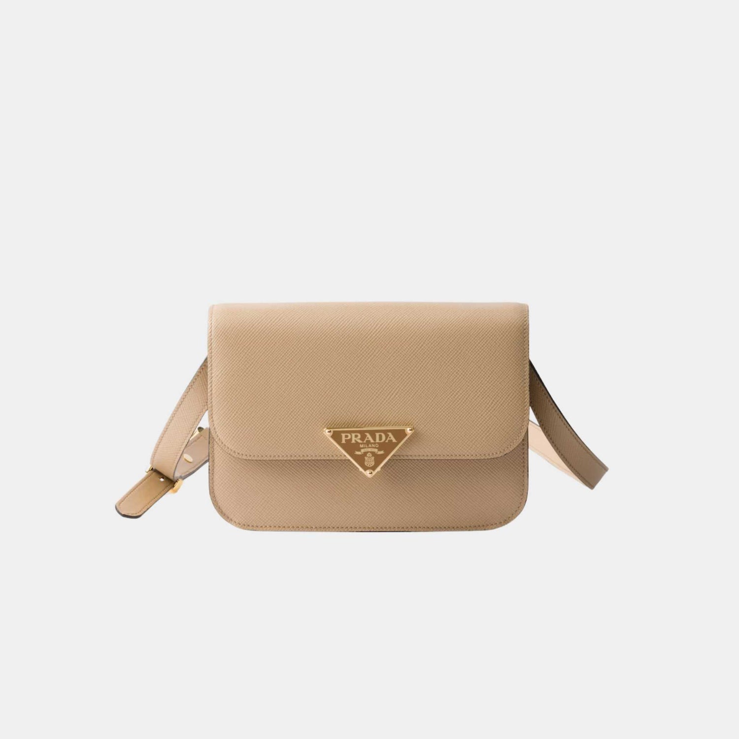 Prada Saffiano Leather Flap Shoulder Bag, Sand Beige, Front