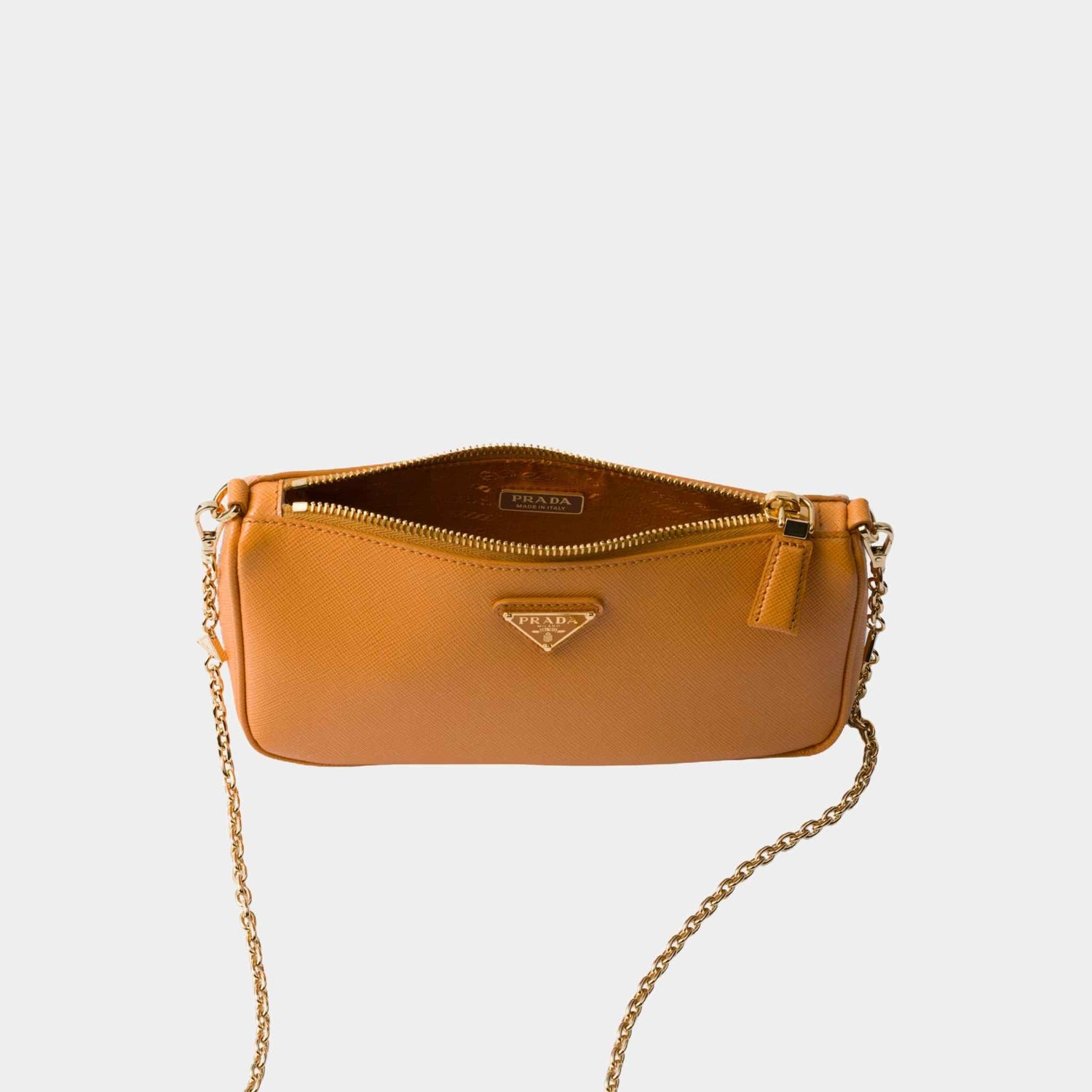 Prada Saffiano Leather Mini Bag With Chain Shoulder Strap, Amber, Open