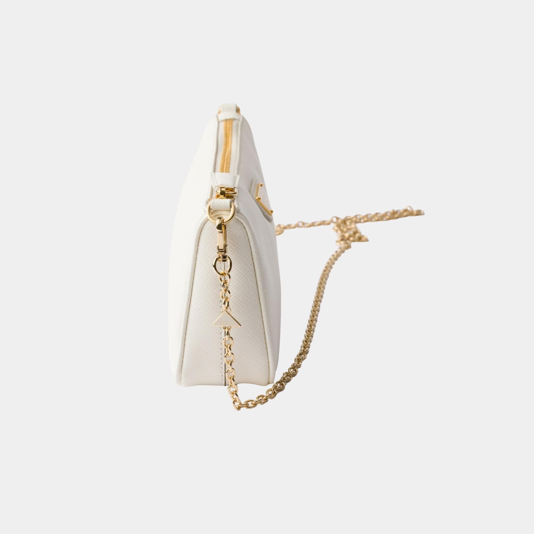 Prada Saffiano Leather Mini Bag With Chain Shoulder Strap, White, Side