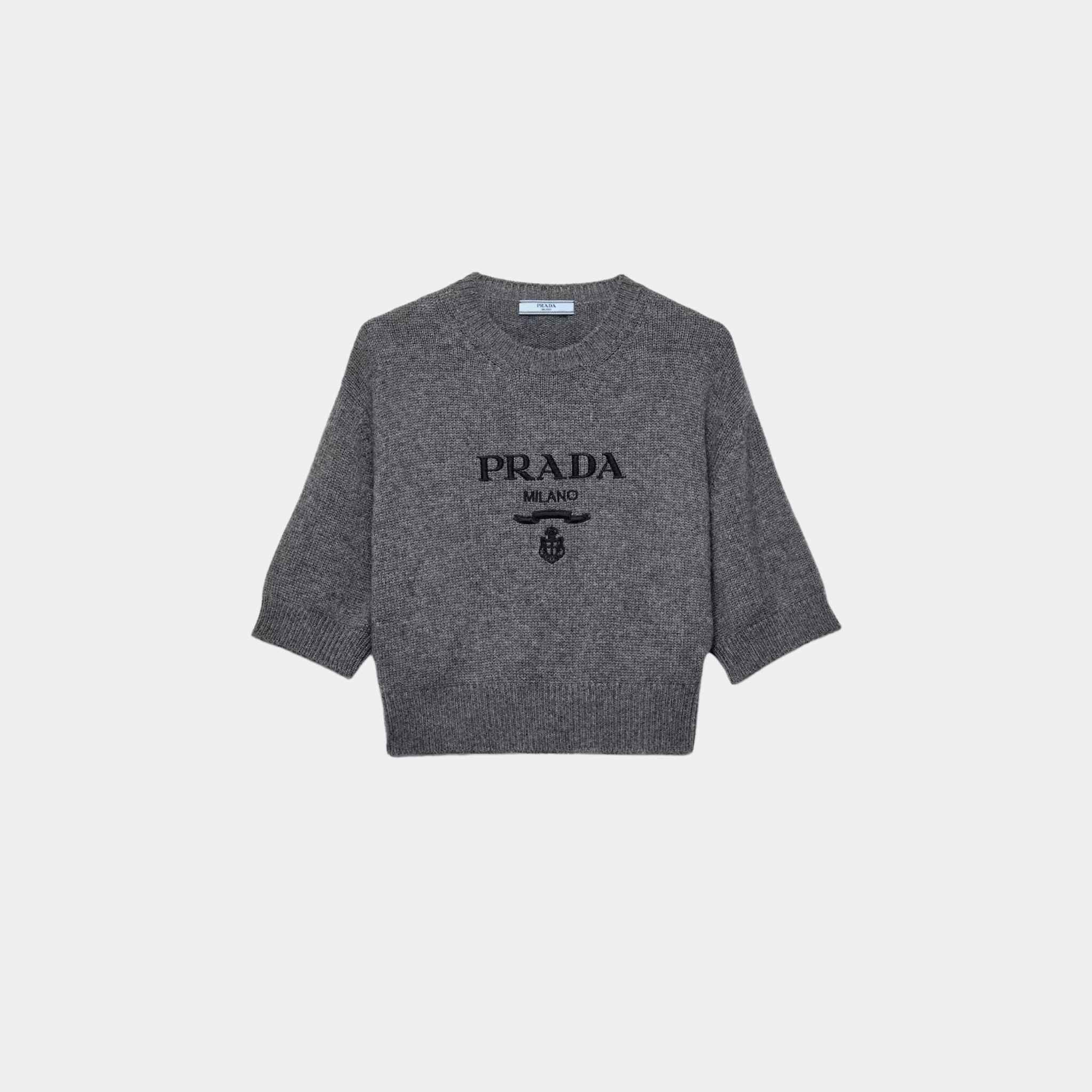 Prada Slate Gray Wool Cashmere Crew-neck Short Sleeved Sweater, Front