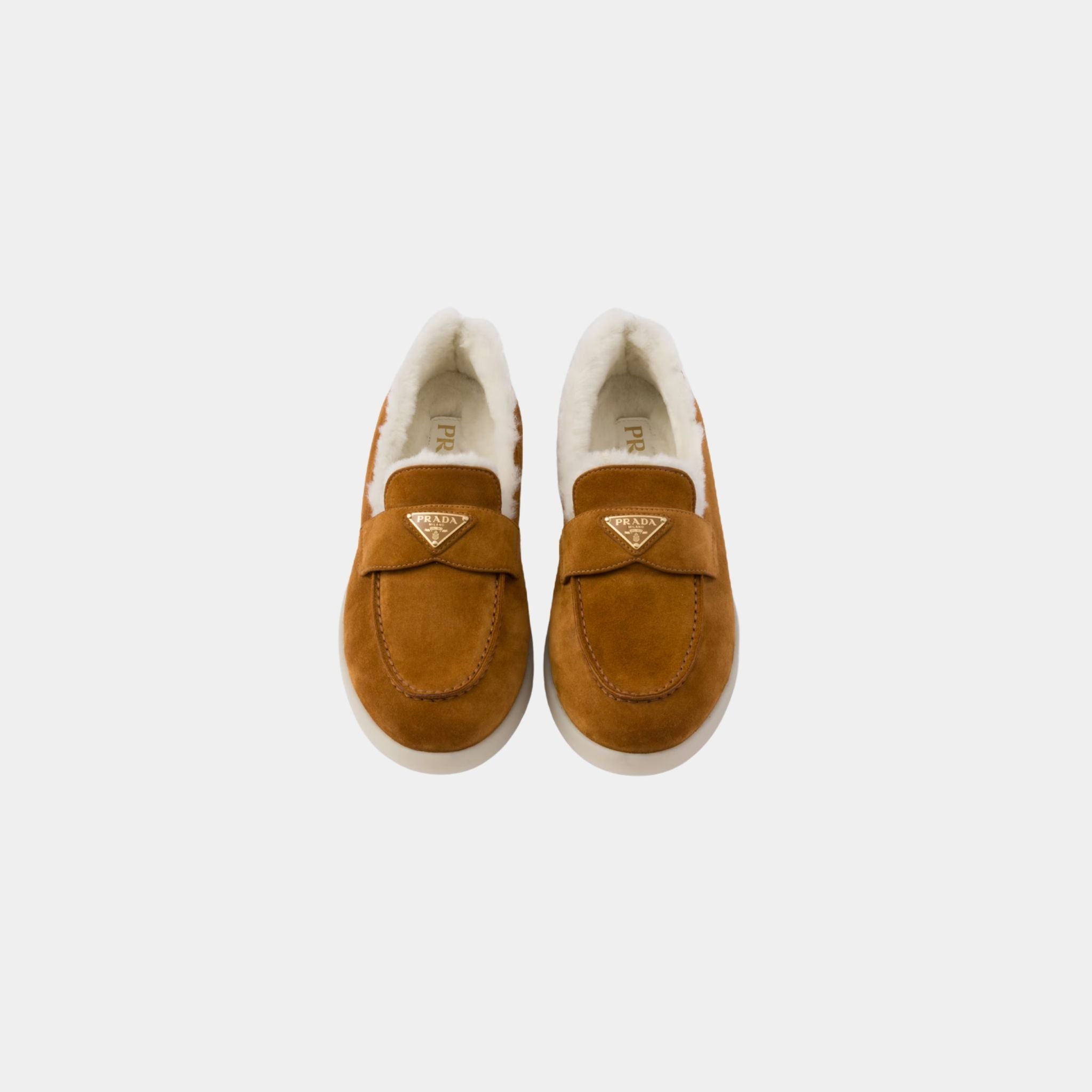 Prada Suede And Shearling Loafers, Cognac, Top