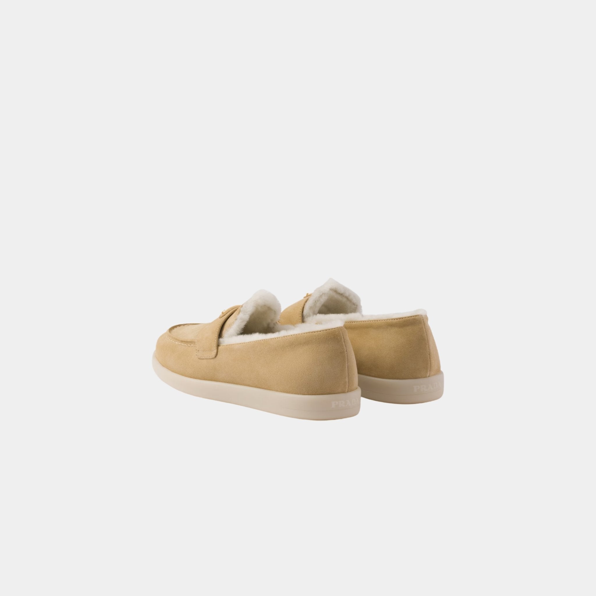 Prada Suede And Shearling Loafers, Ecru, Back