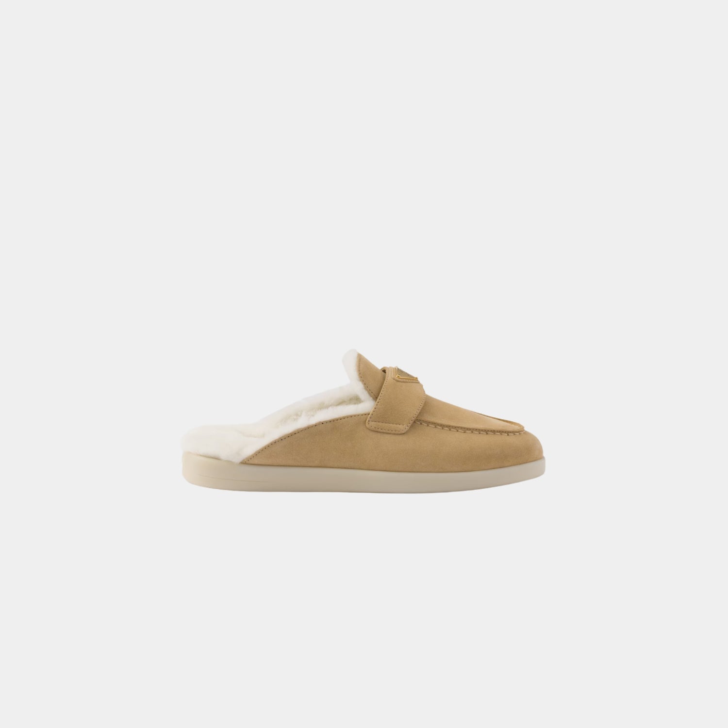 Suede And Shearling Slippers, Ecru, Side