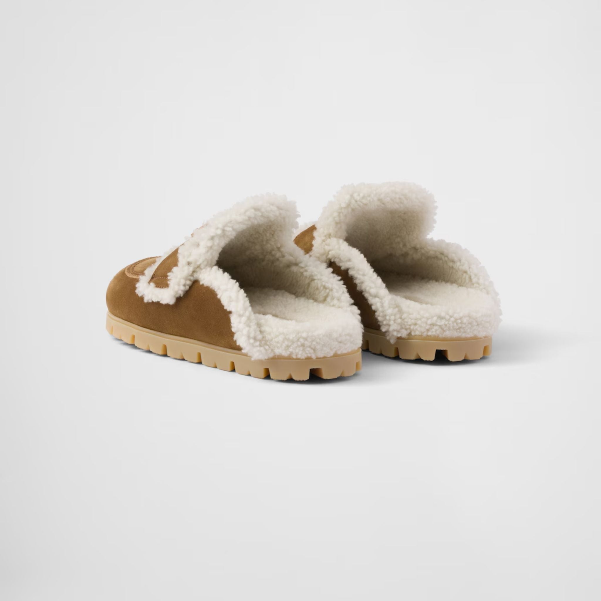 Prada Suede And Shearling Slippers With Lug Tread, Cinnamon, Back