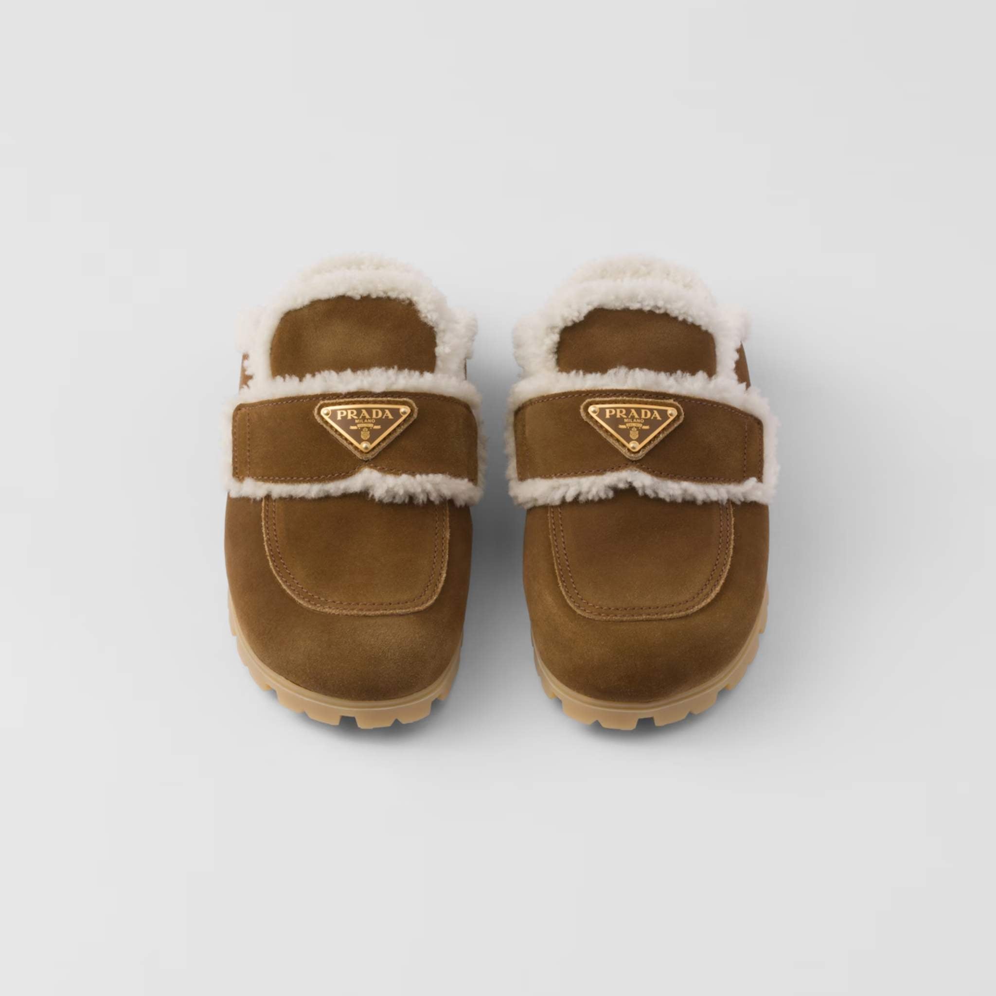 Prada Suede And Shearling Slippers With Lug Tread, Cinnamon, Top