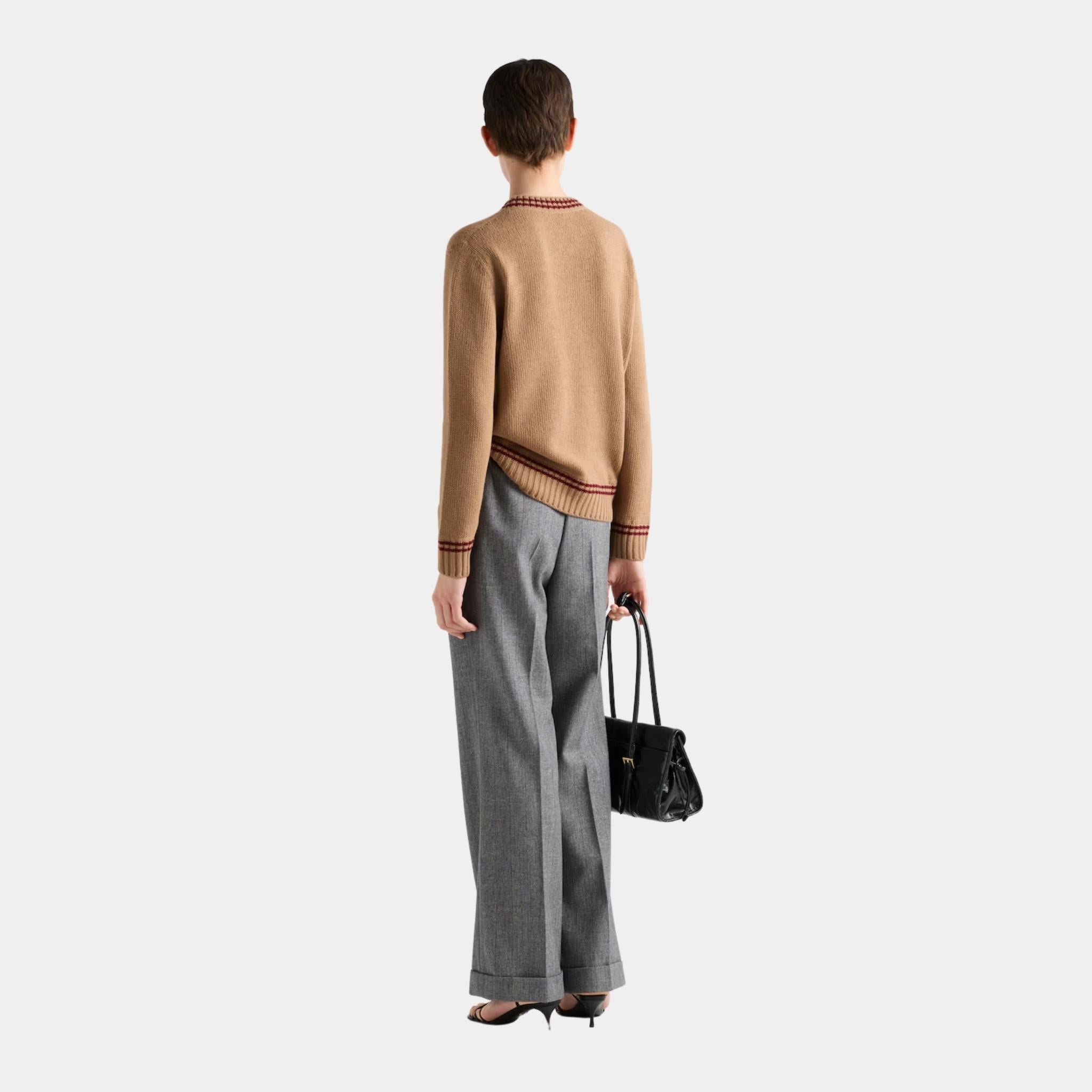 Prada Wool Cashmere Instarsia Knit Crew-neck Sweater, Camel Amaranth, Model, Back