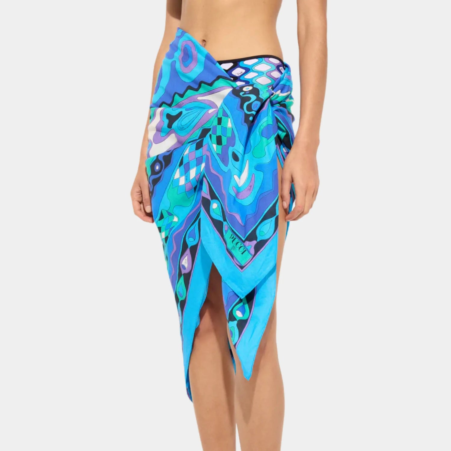 Pucci Angoli Print Cotton Sarong, Turquoise, Model