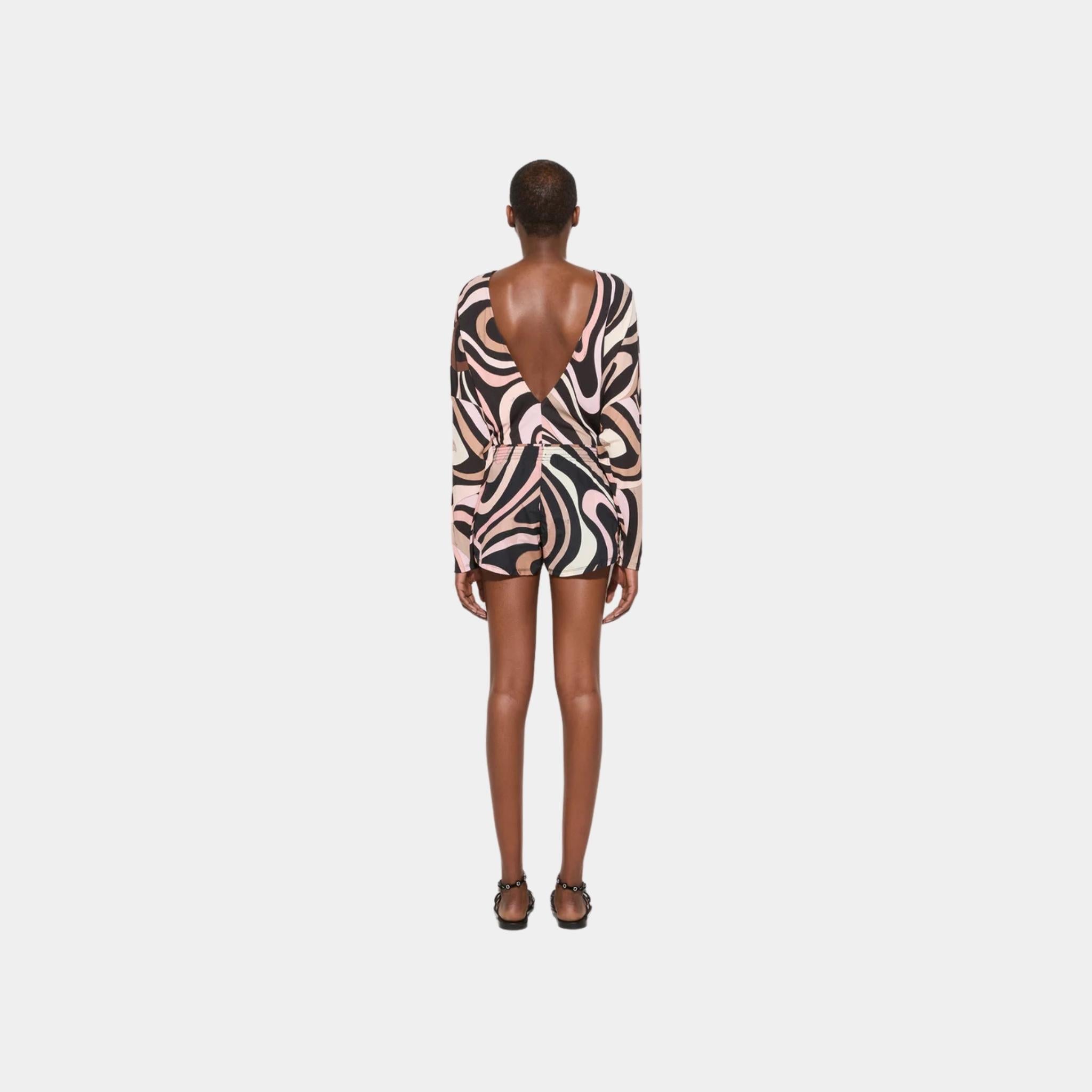 Pucci Bodysuit With Marmo Print Cape Sleeves, Black, Nude, Back