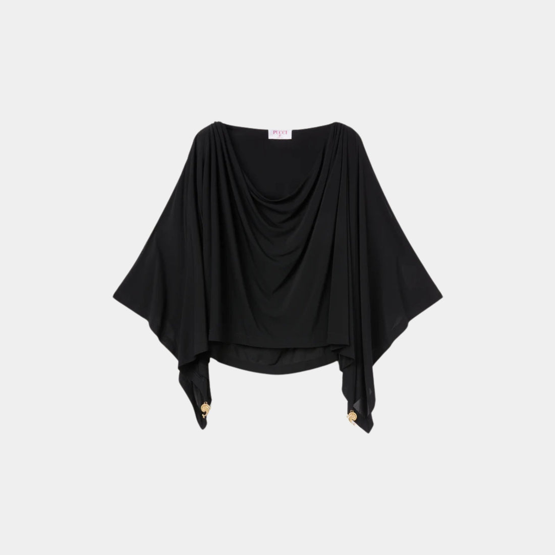 Pucci Draped Sleeves Viscose Top With Rounded Neckline, Black, Front
