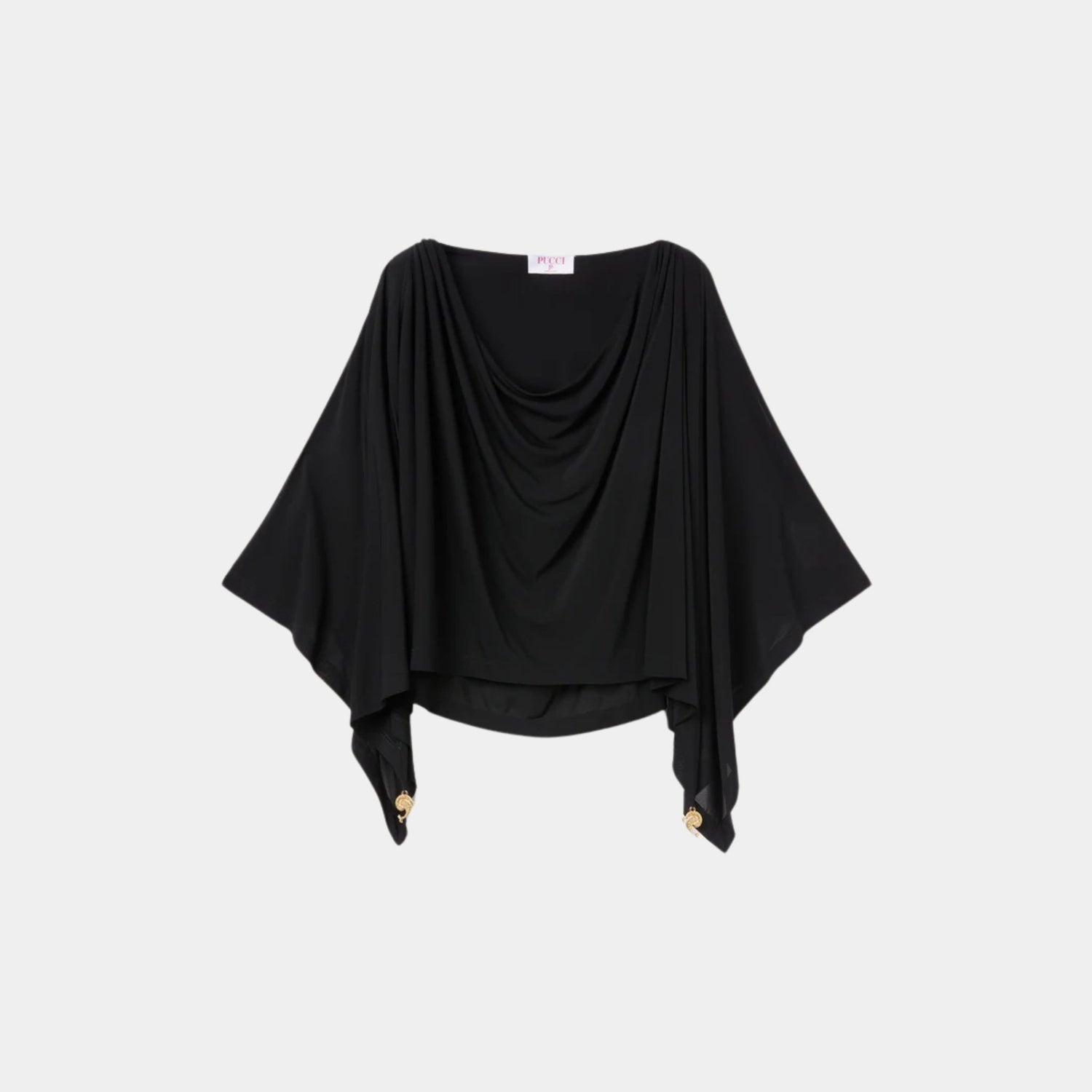 Pucci Draped Sleeves Viscose Top With Rounded Neckline, Black, Front