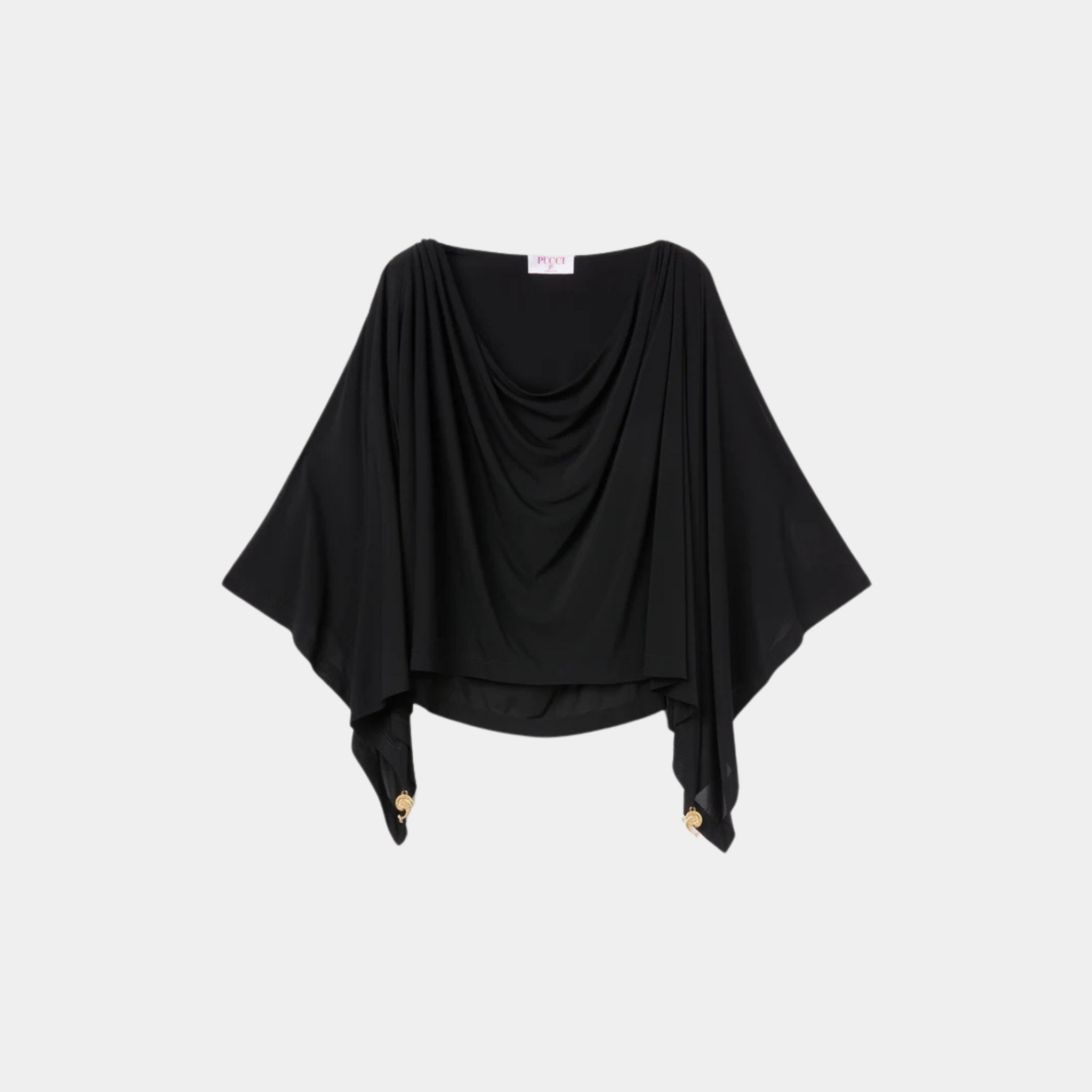Pucci Draped Sleeves Viscose Top With Rounded Neckline, Black, Front