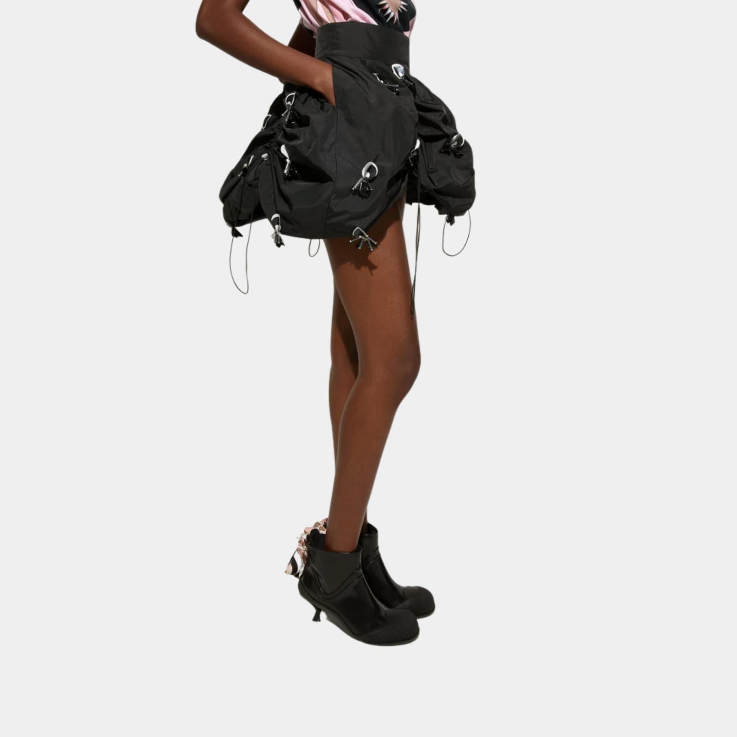 Pucci Flouncy Embroidered Mini Skirt With Elastic Waist, Black, Side