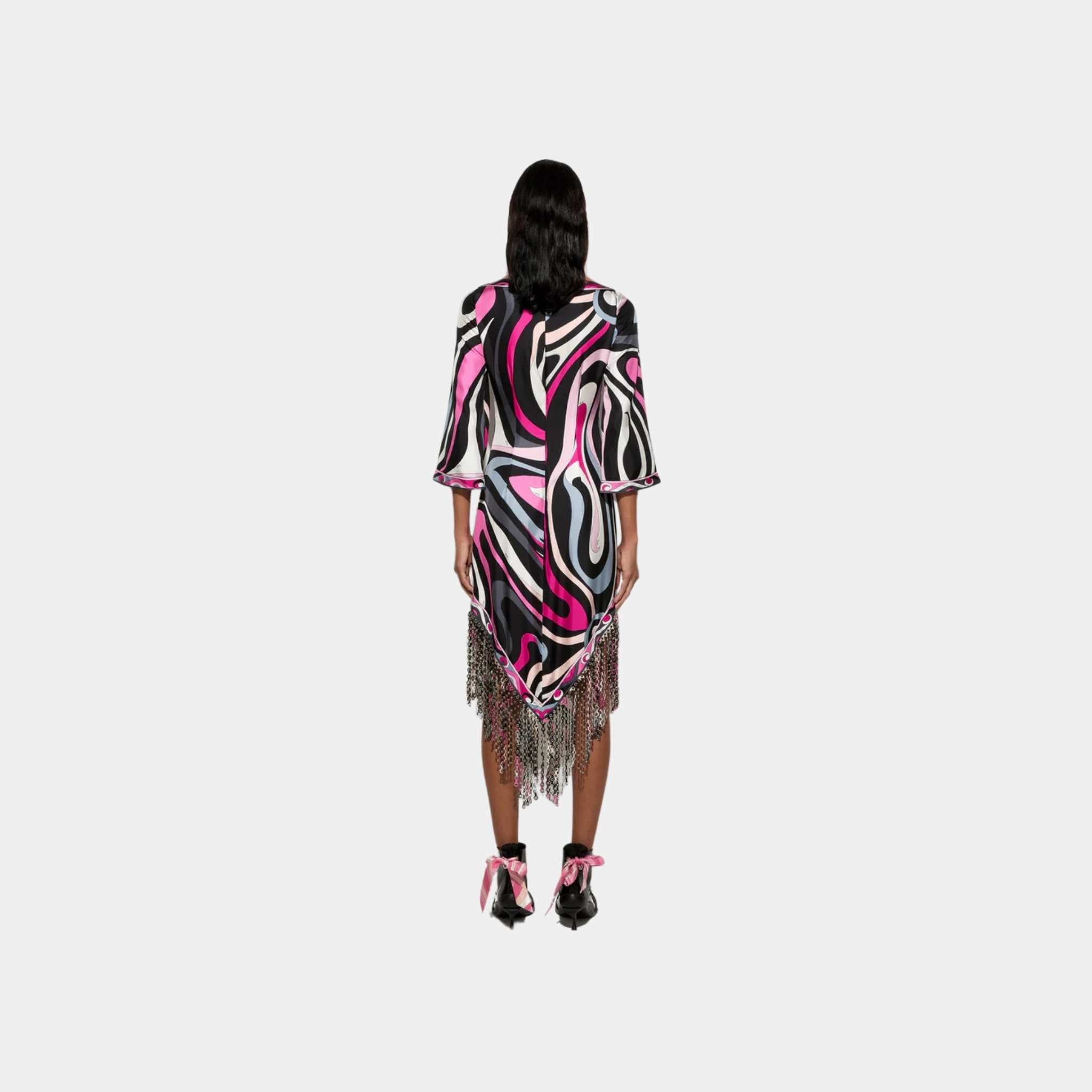 Pucci Marmo Print Dress With Fringes, Black, Fuchsia, Back