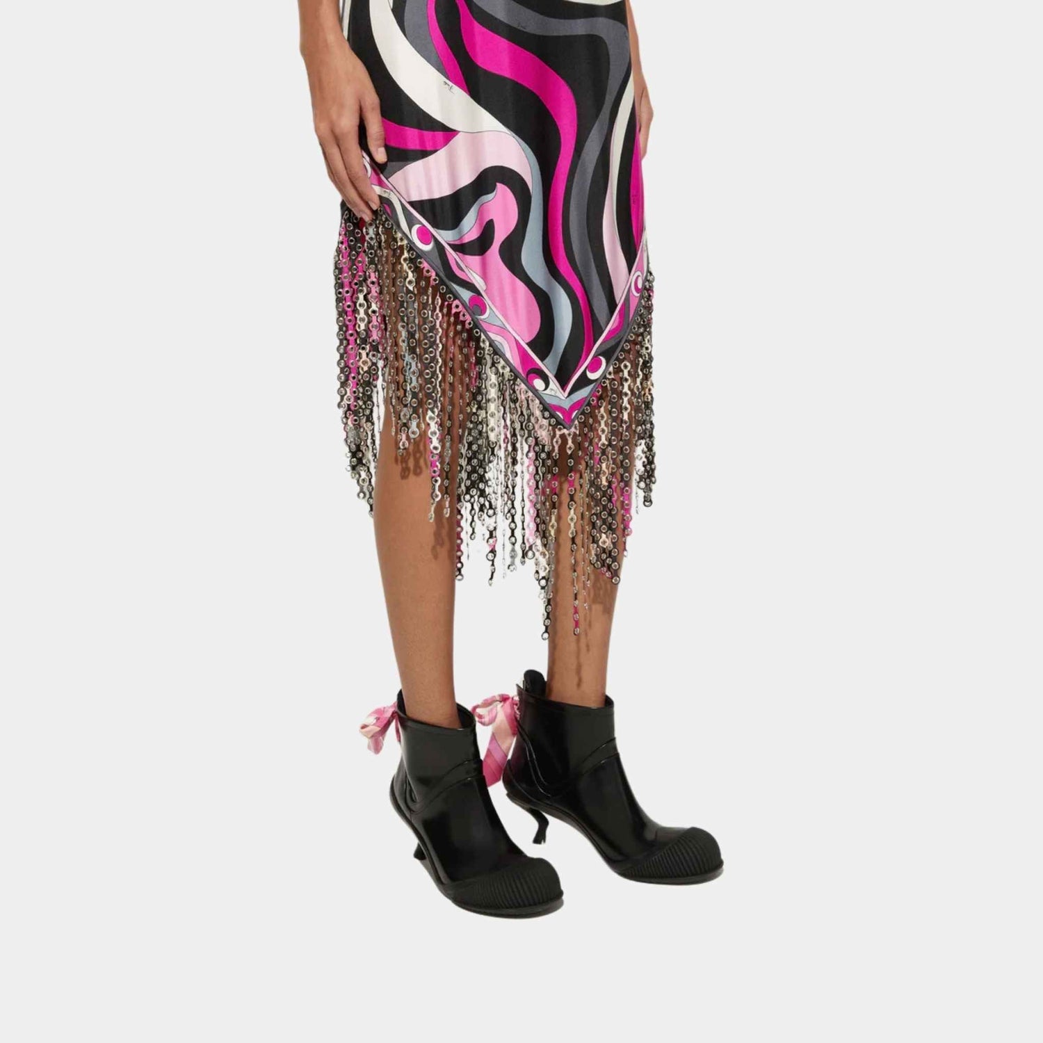 Pucci Marmo Print Dress With Fringes, Black, Fuchsia, Fringes