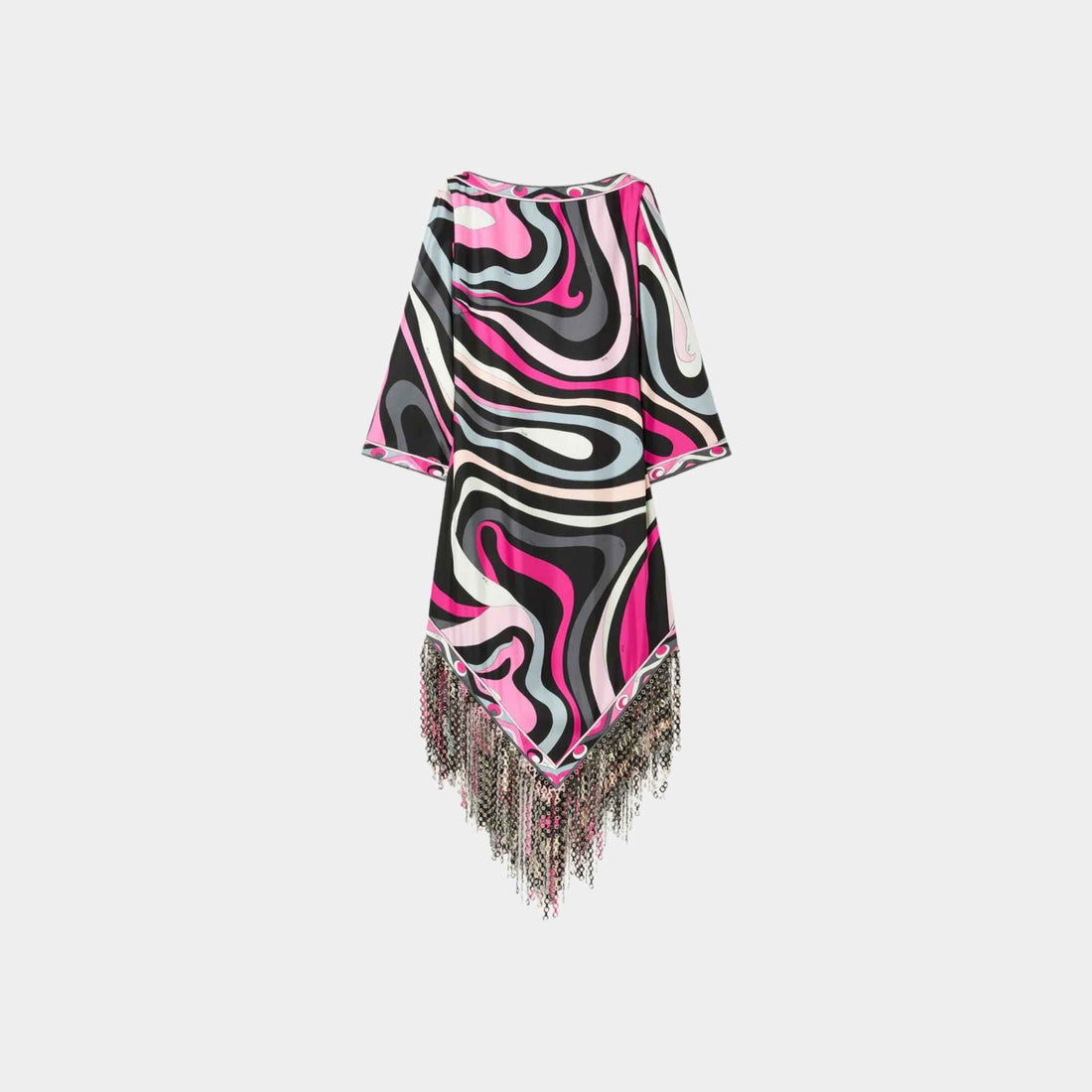 Pucci Marmo Print Dress With Fringes, Black, Fuchsia, Front